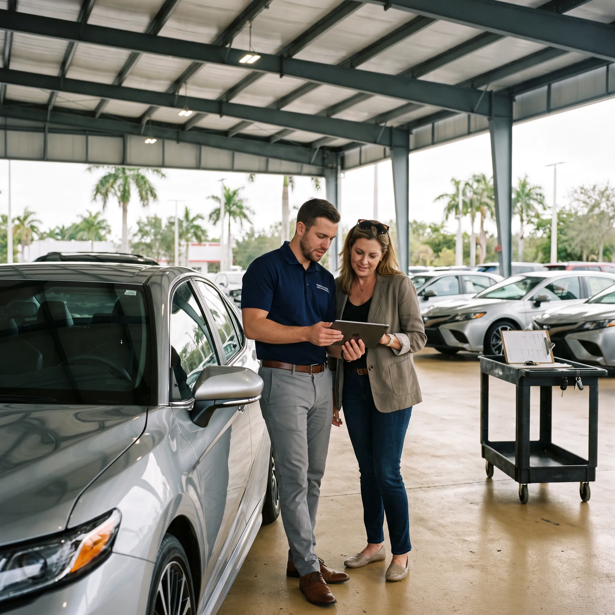 Customers trading in a vehicle at a dealership