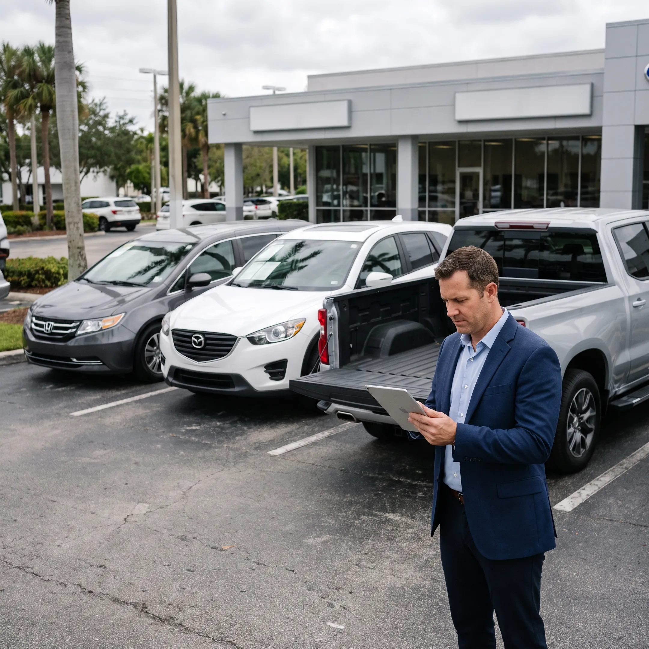 Commercial fleet buyers inspecting used vehicles
