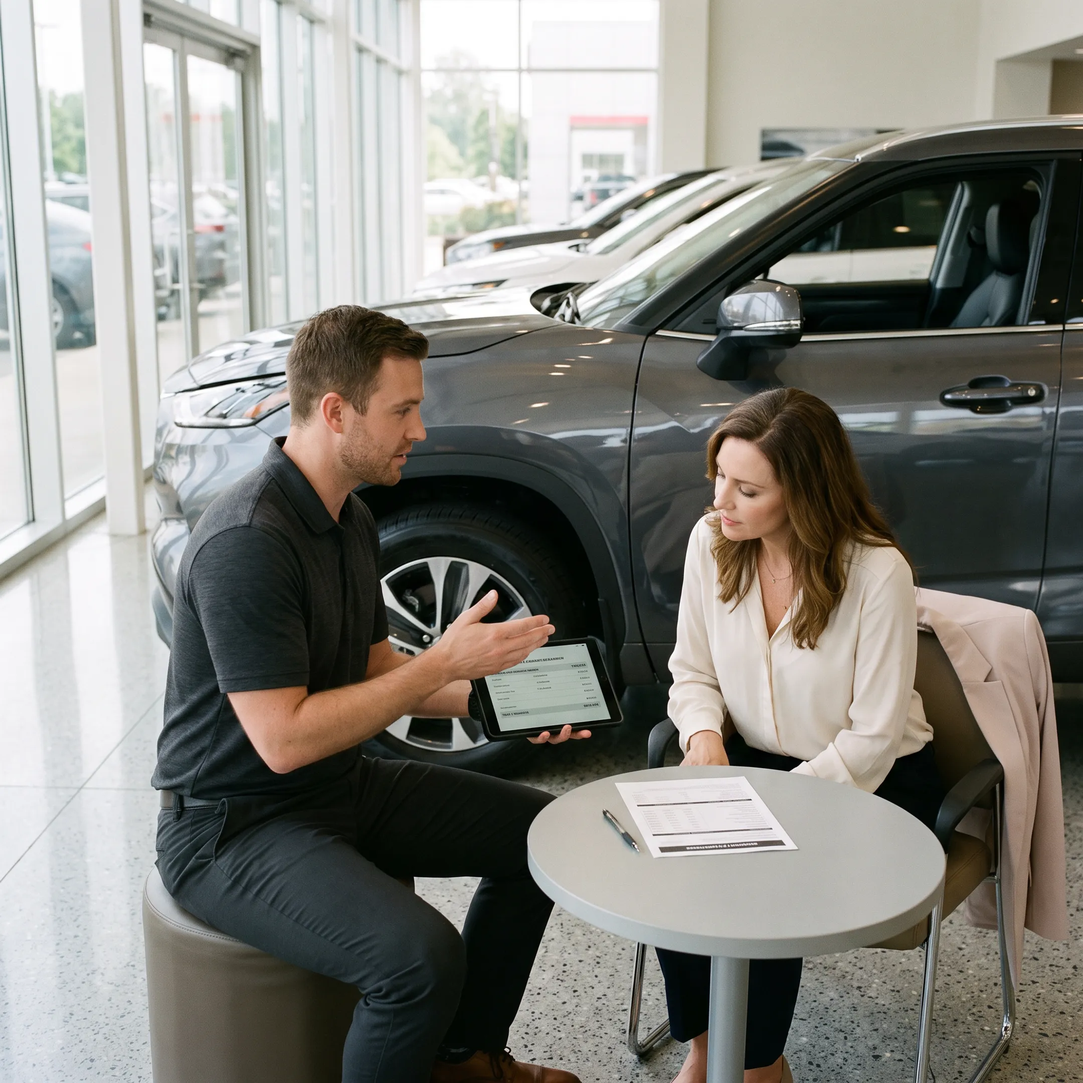 Dealership representative explaining Toyota lease options to a customer