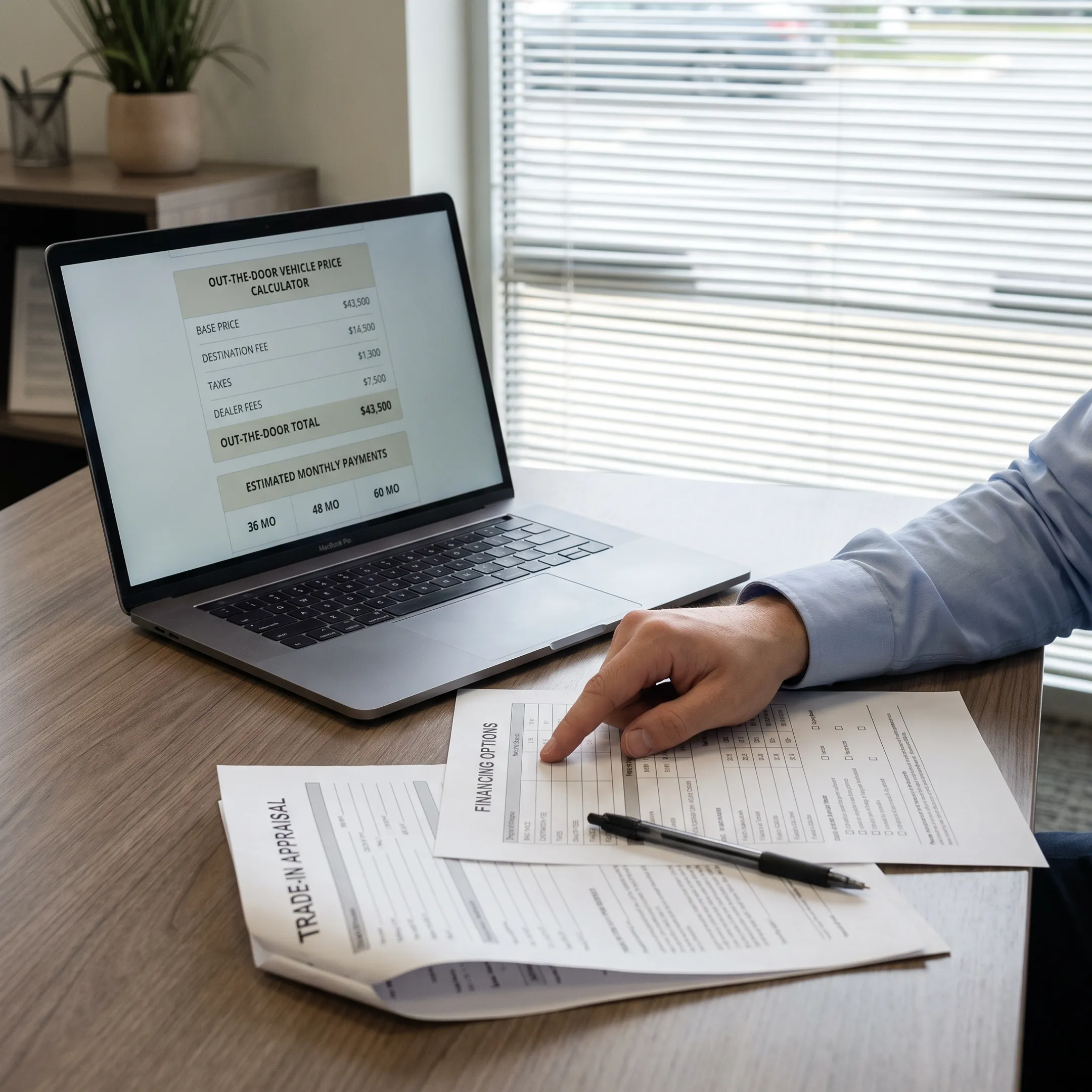 Online vehicle price calculator displayed beside financing and trade-in information