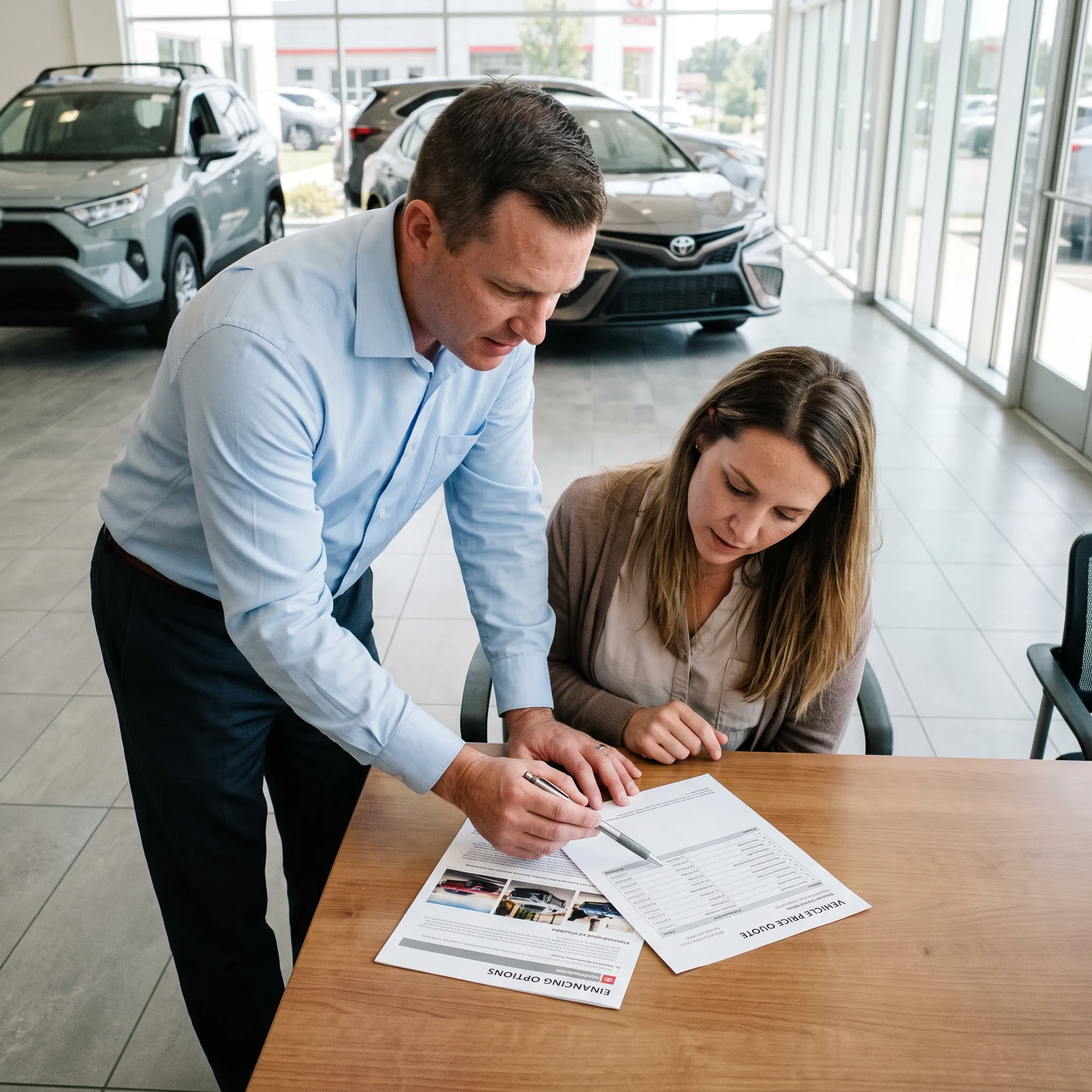 Sales representative presenting Toyota pricing information to customer