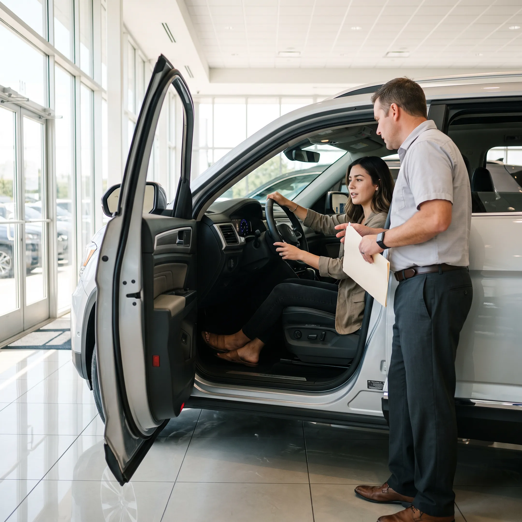 First-time buyer inspecting a certified pre-owned hybrid SUV
