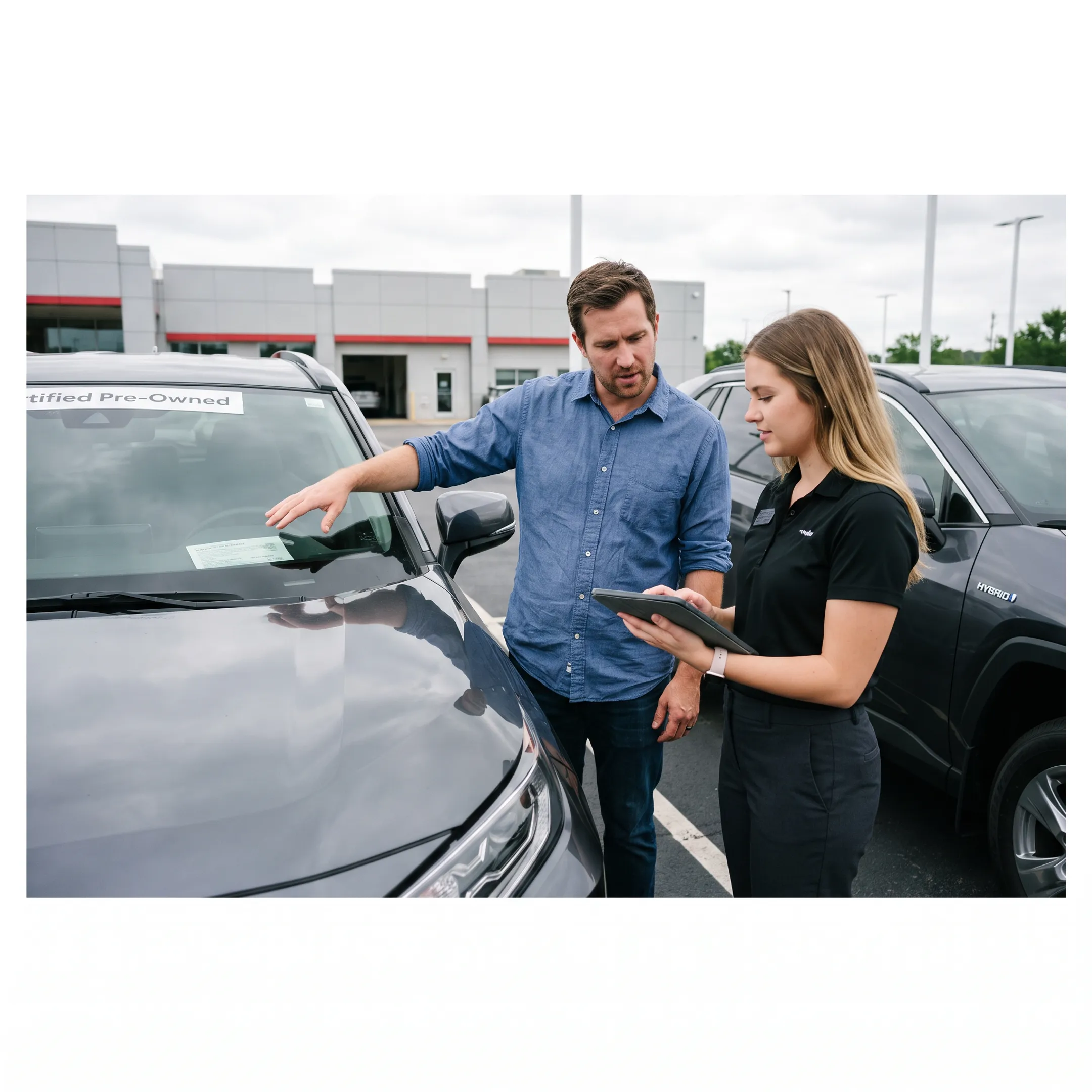 Budget-conscious car buyer viewing a certified pre-owned hybrid SUV