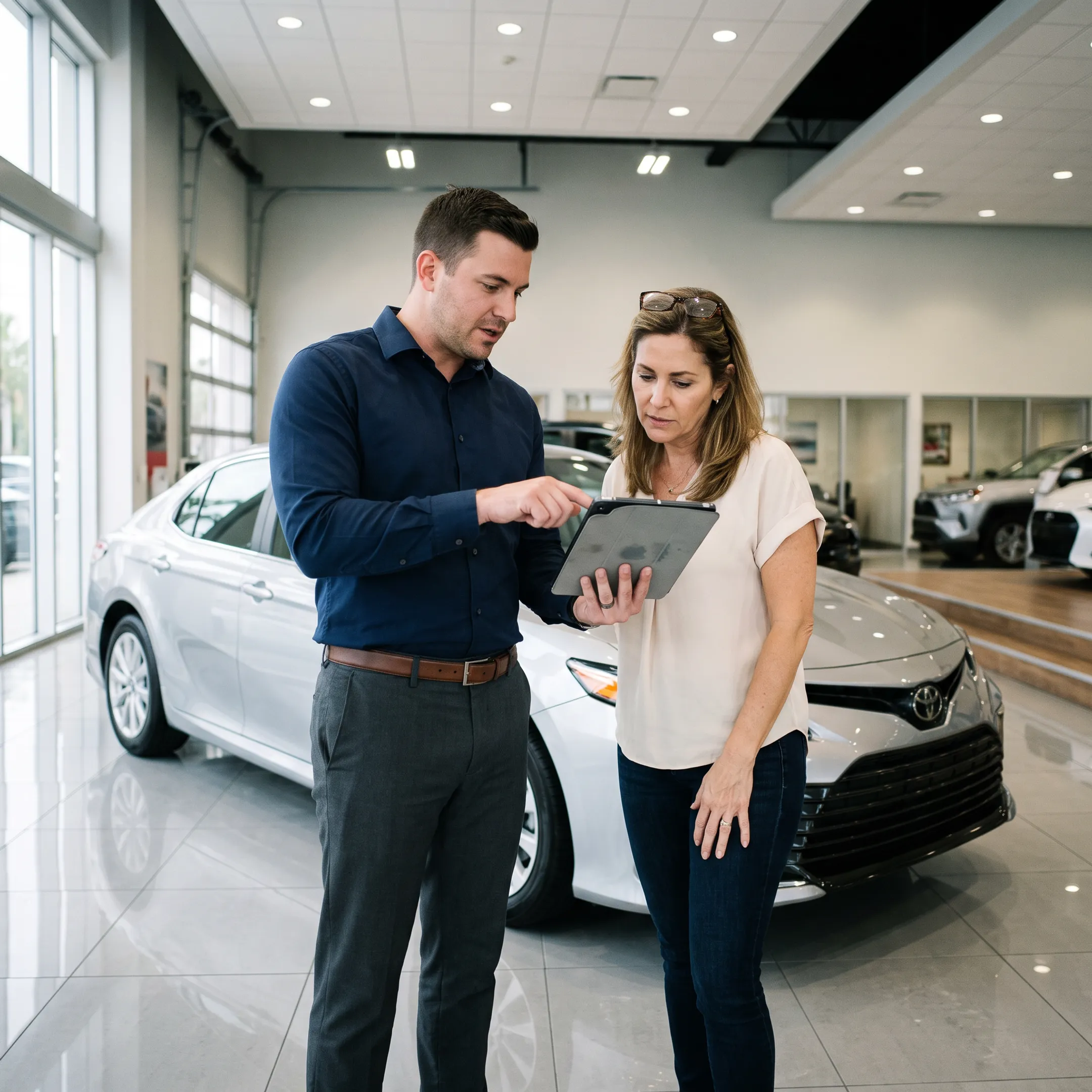 Dealership specialist reviewing a leased vehicle appraisal with a customer
