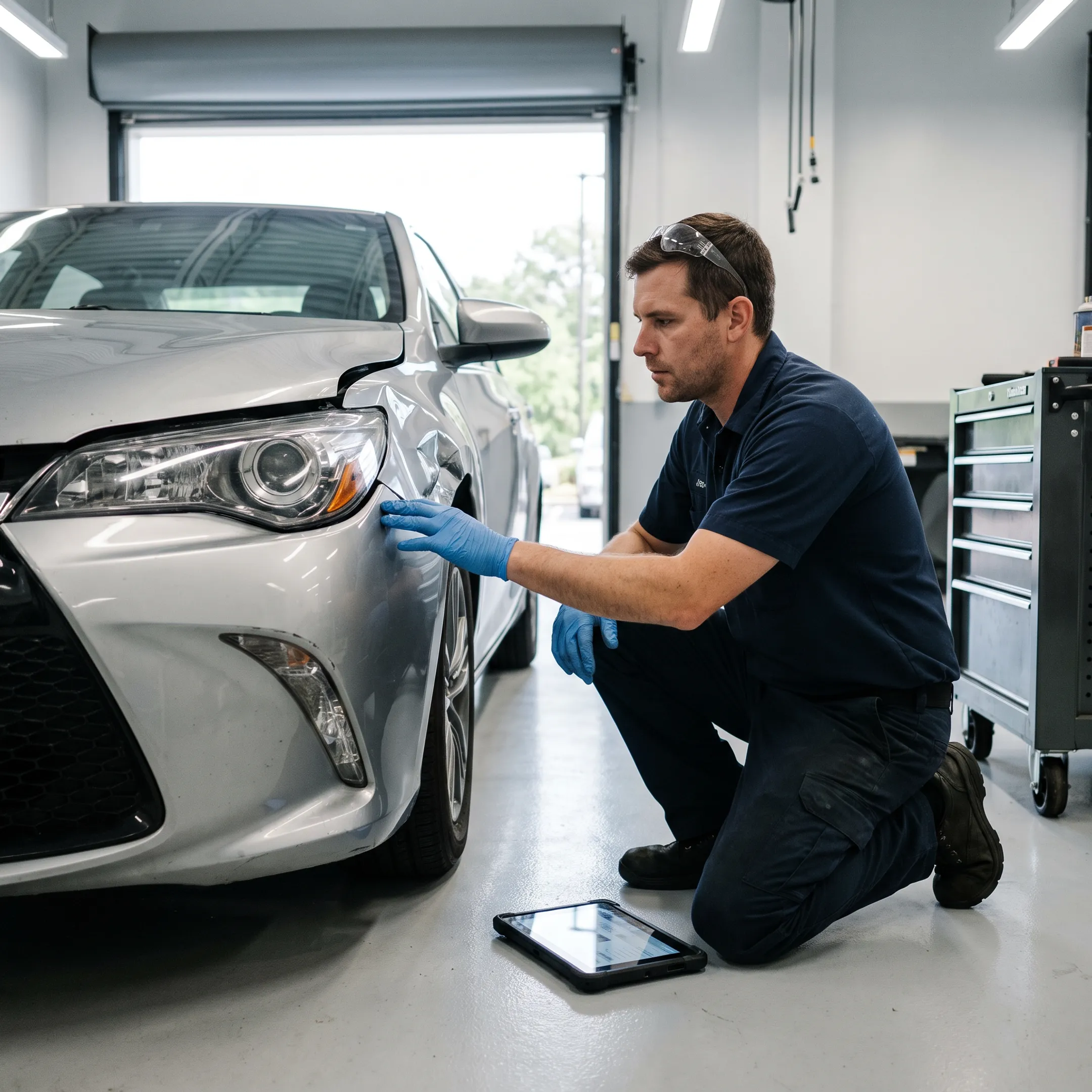 Toyota body shop technician assessing collision damage
