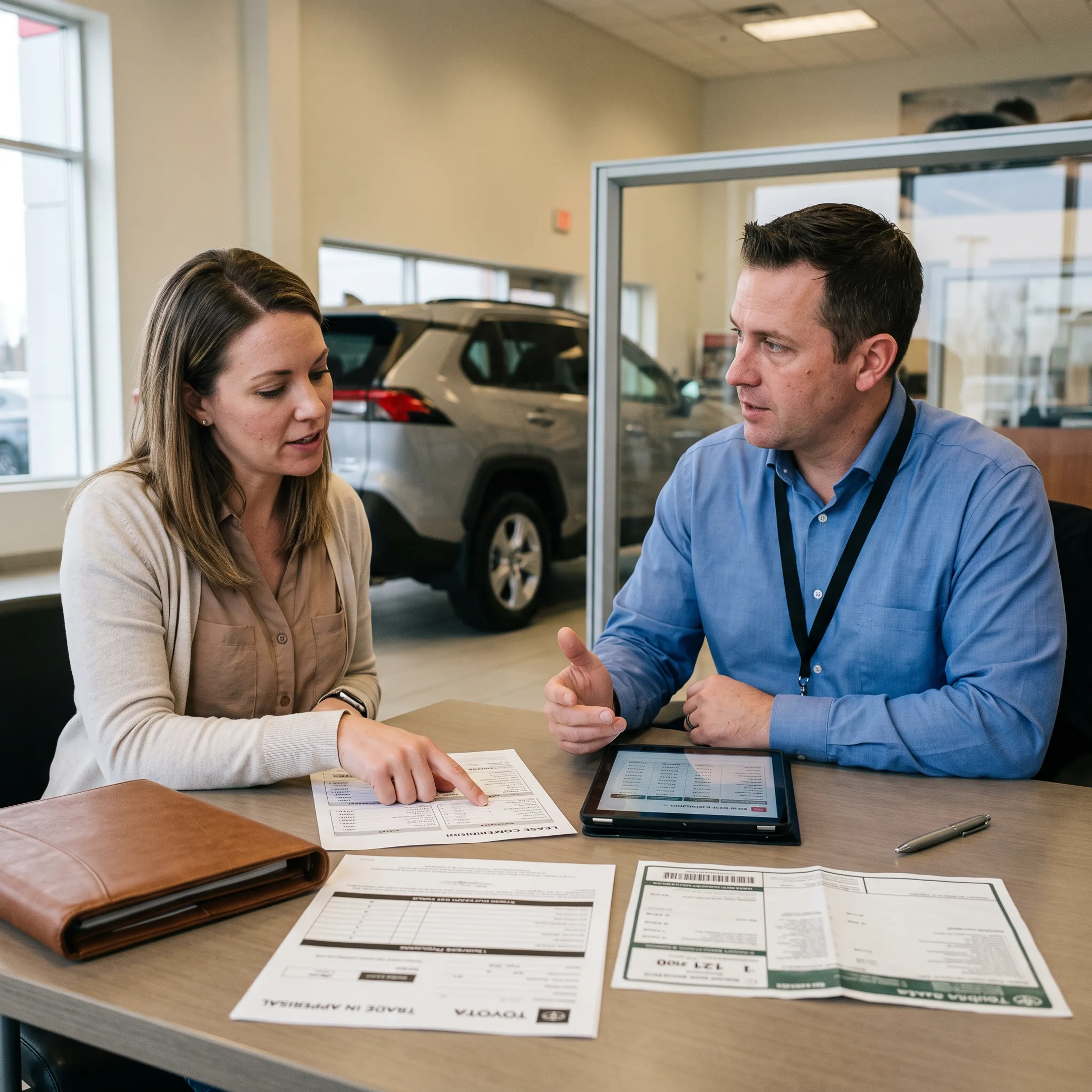 Toyota customer comparing lease payment options with finance specialist