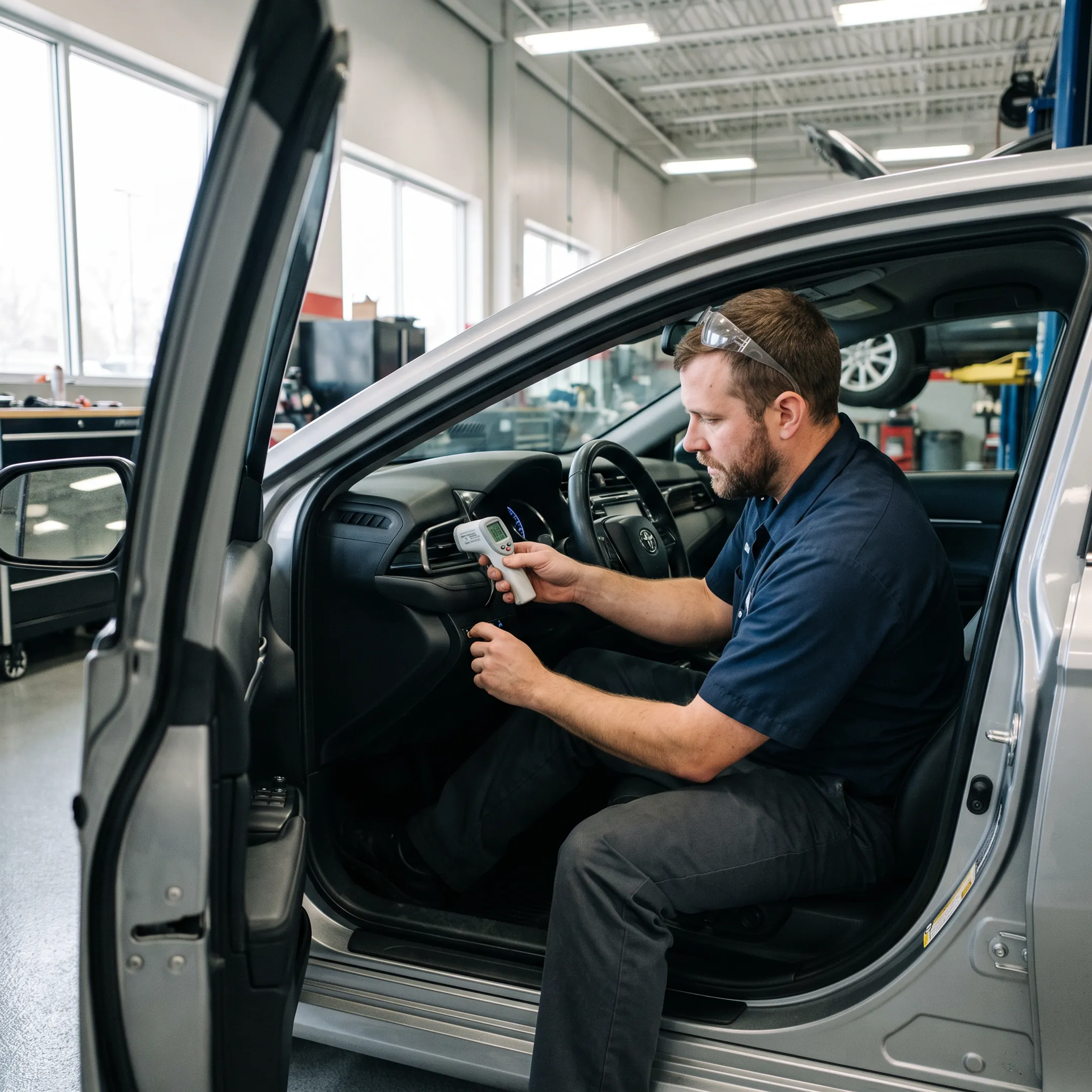 Automotive technician checking climate controls inside a vehicle