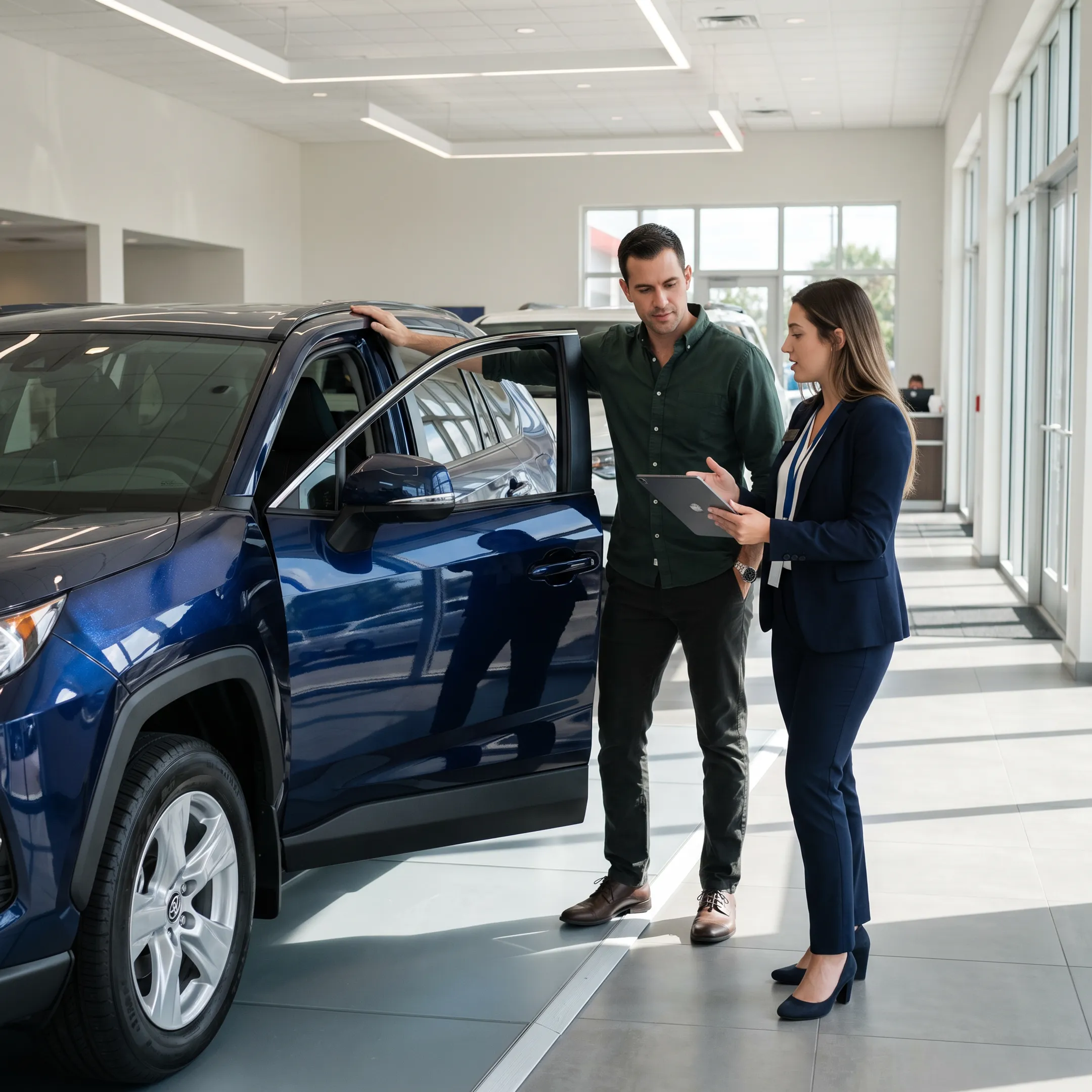 Customer reviewing Toyota vehicle options with dealership representative