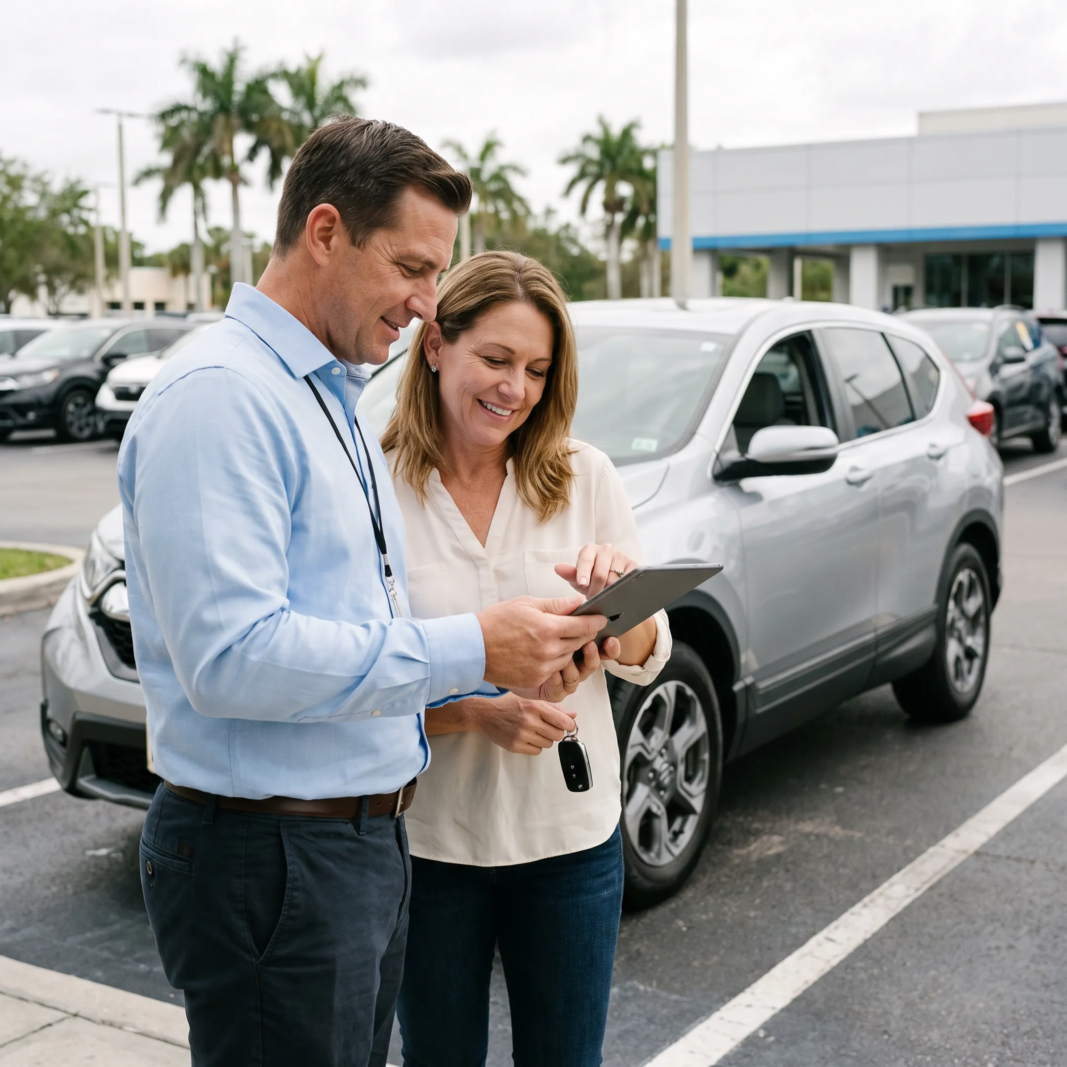 Customer reviewing a used car appraisal with a Toyota dealership representative