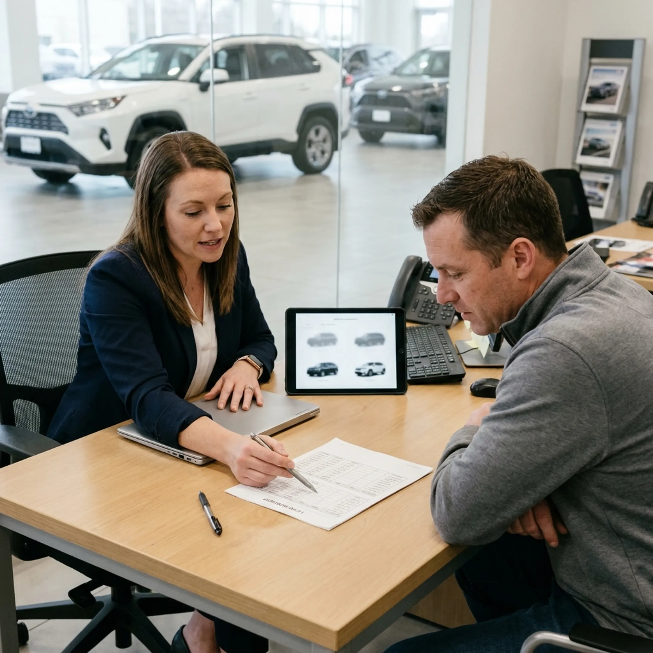 Representative explaining Toyota lease terms while customer reviews vehicle payment information