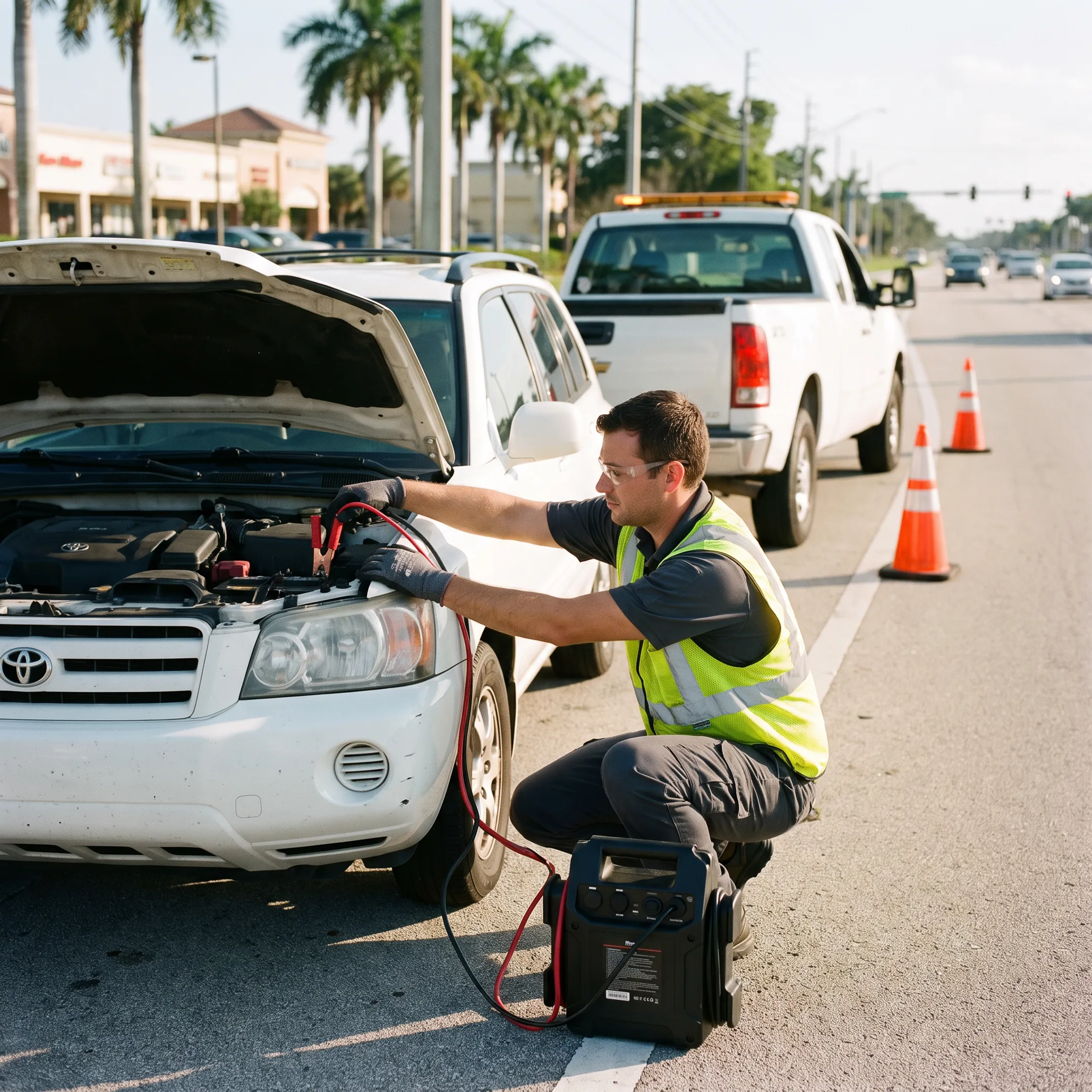 Toyota roadside service vehicle assisting a stranded Toyota