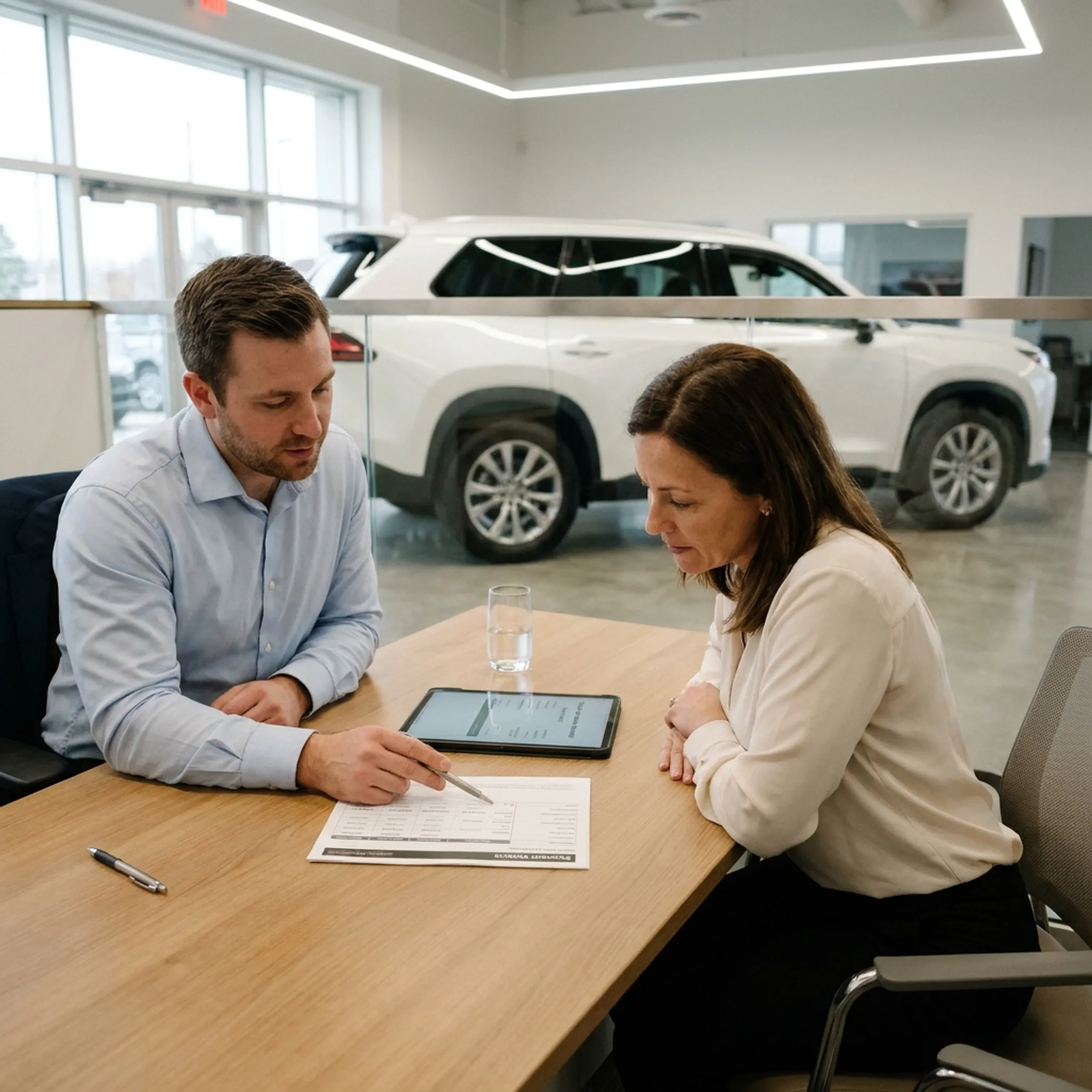 Customer reviewing Toyota Grand Highlander financing options with a dealership advisor