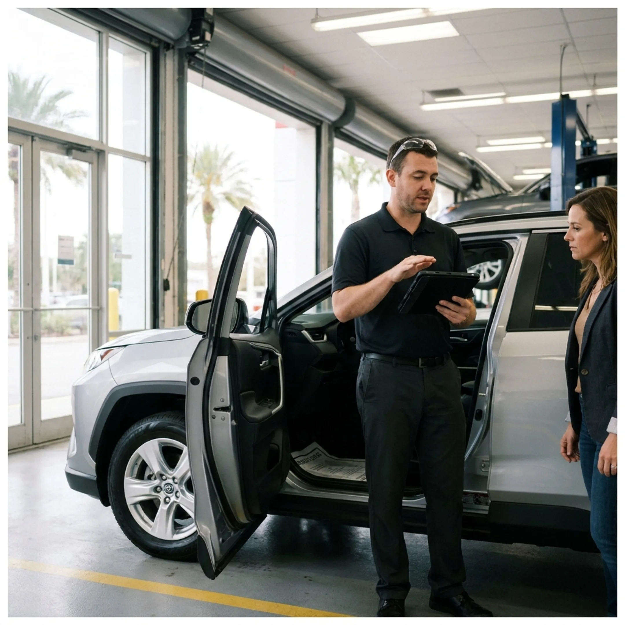 Toyota service advisor reviewing maintenance coverage with a vehicle owner