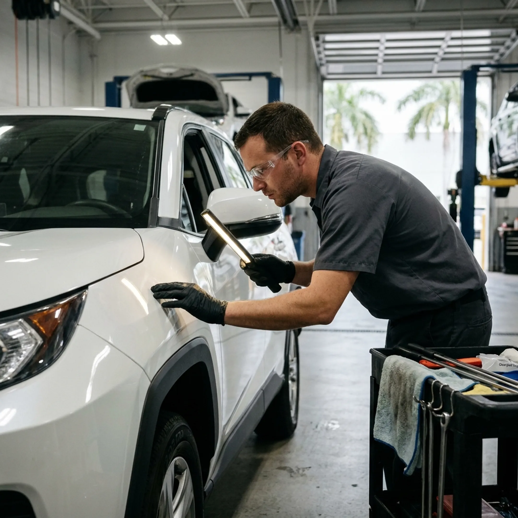 Technician assessing a dent on a Toyota vehicle
