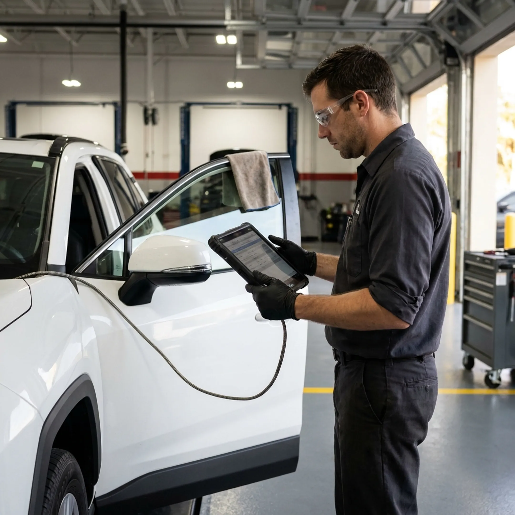 Toyota technician reviewing RAV4 electronic diagnostic results