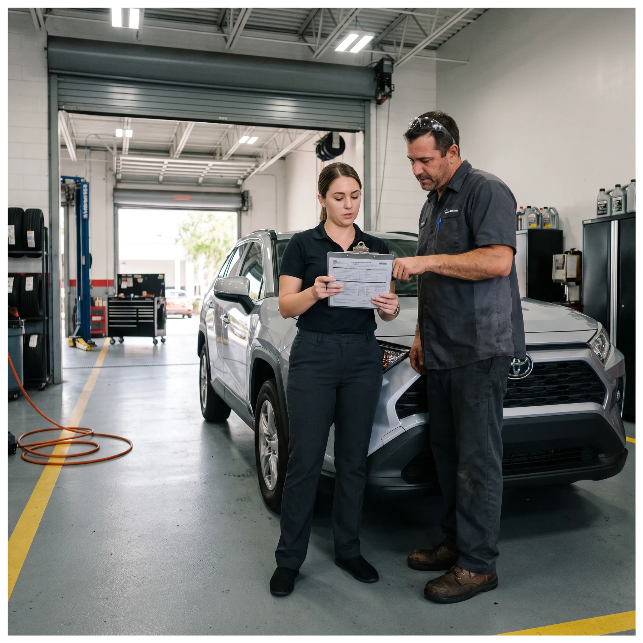 Technician reviewing Toyota warranty service information