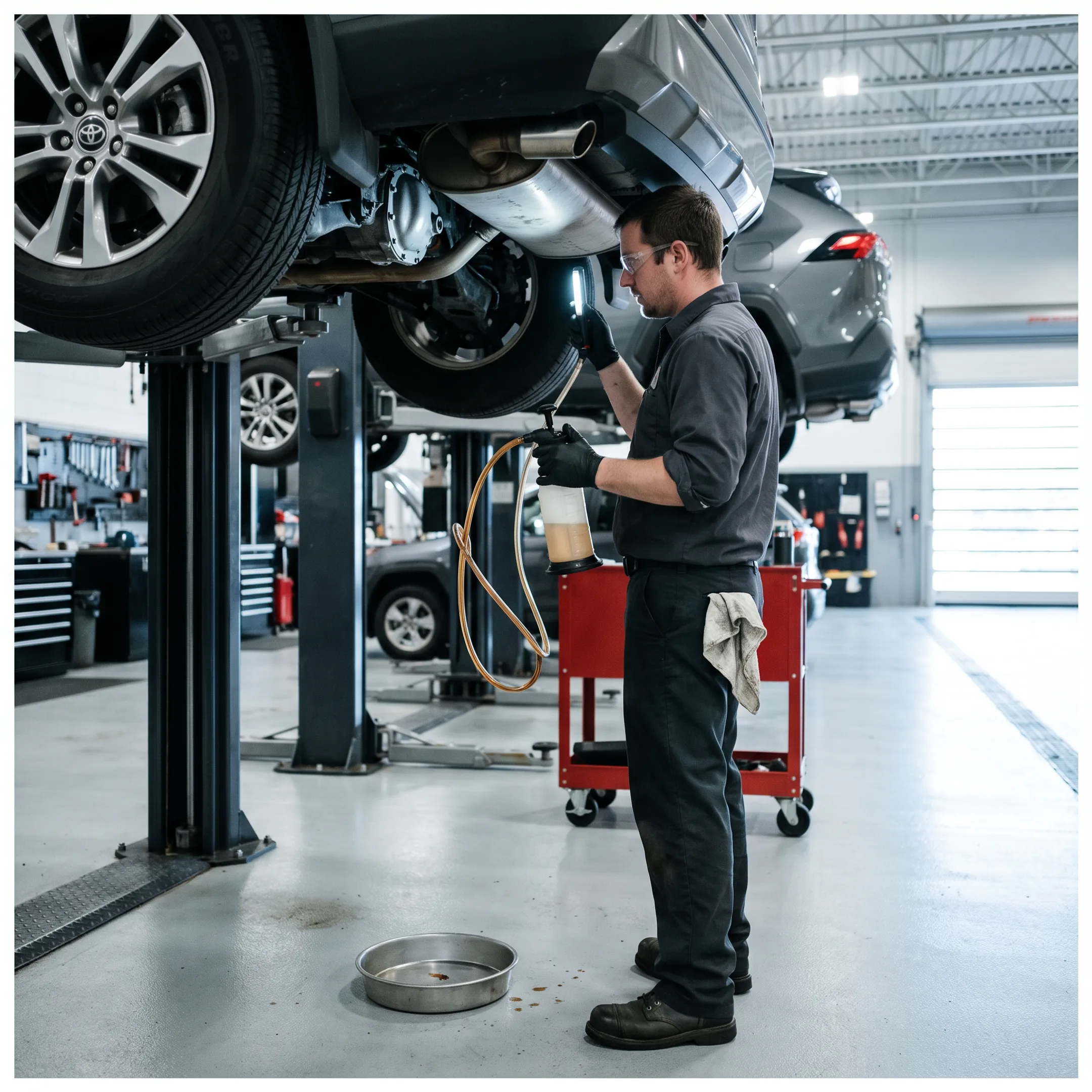 Automotive technician checking differential fluid beneath a Toyota vehicle