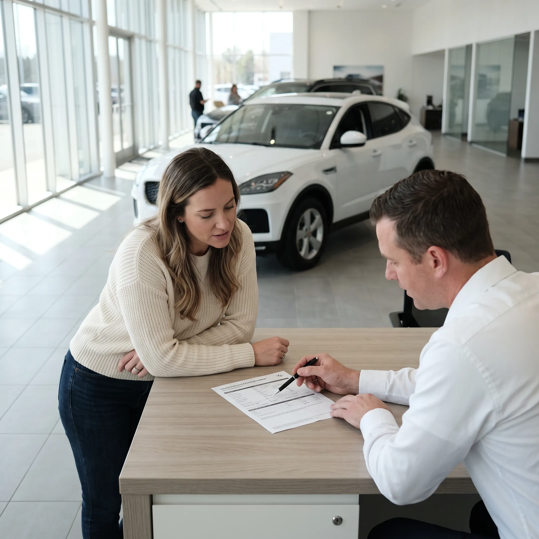 Customer reviewing Toyota purchase information with a dealership representative