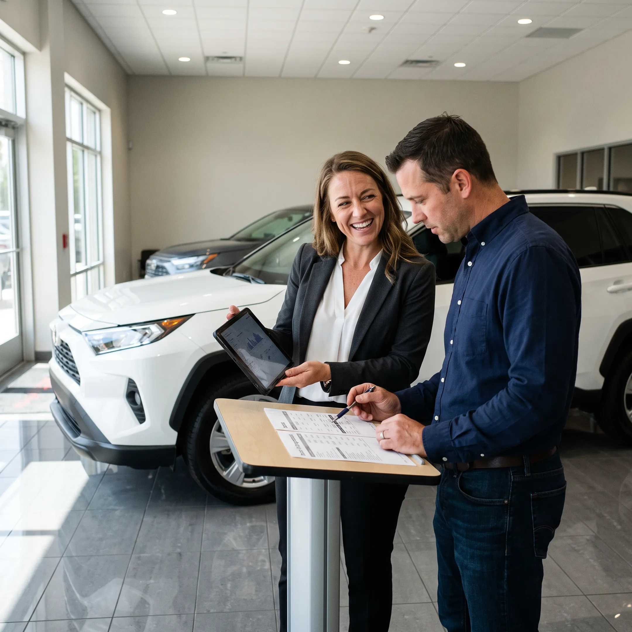 Customer discussing auto financing options with a dealership finance specialist
