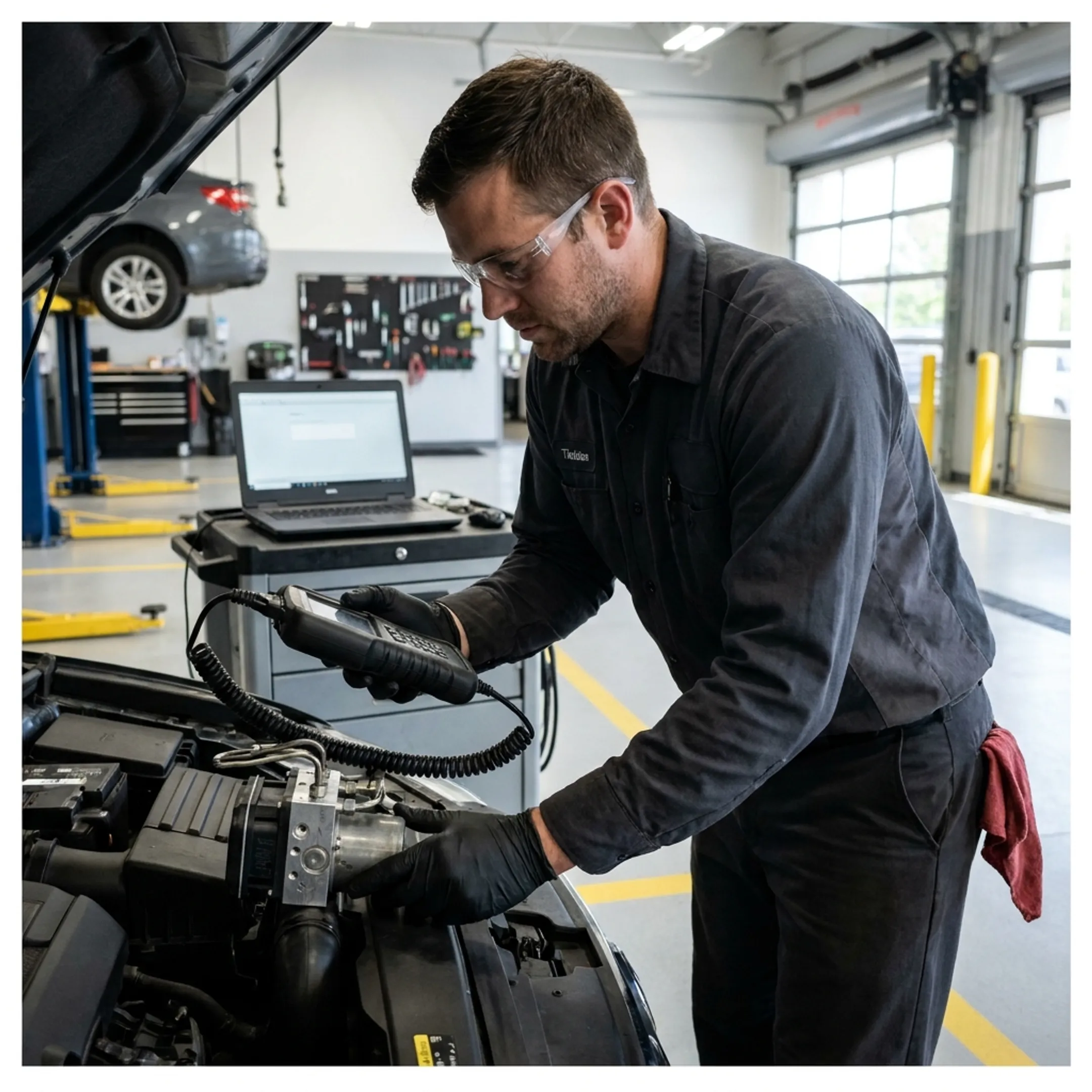 Toyota technician inspecting ABS system components