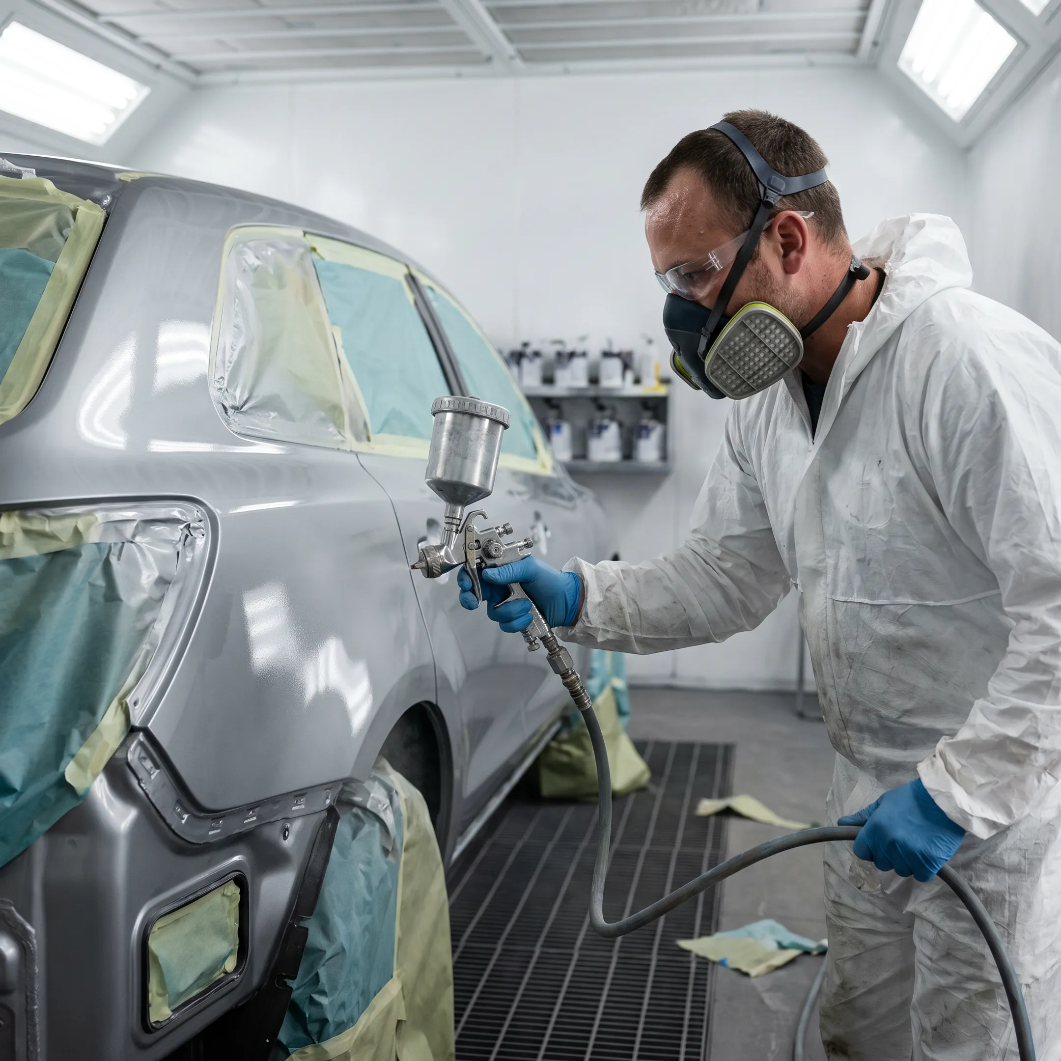 Technician refinishing a vehicle after collision repairs