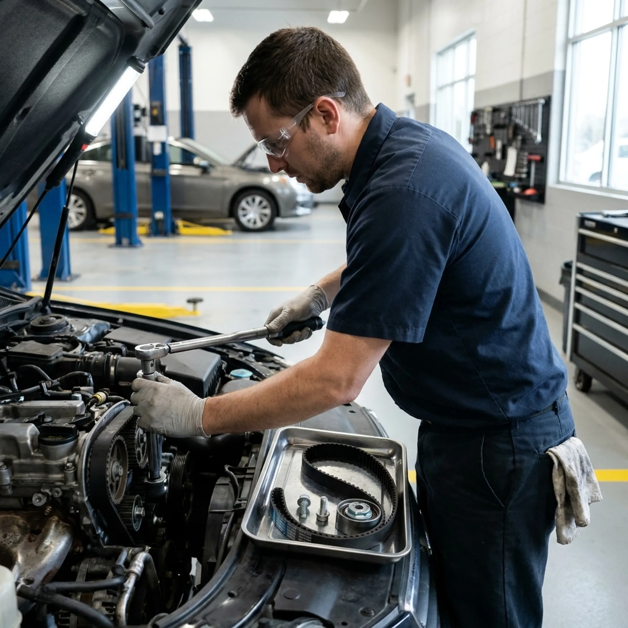 Toyota technician servicing timing belt tensioner components