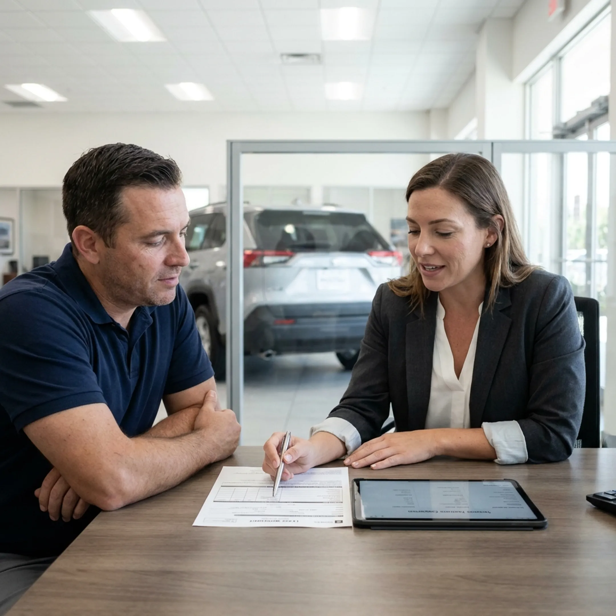 Toyota customer discussing lease details with dealership specialist