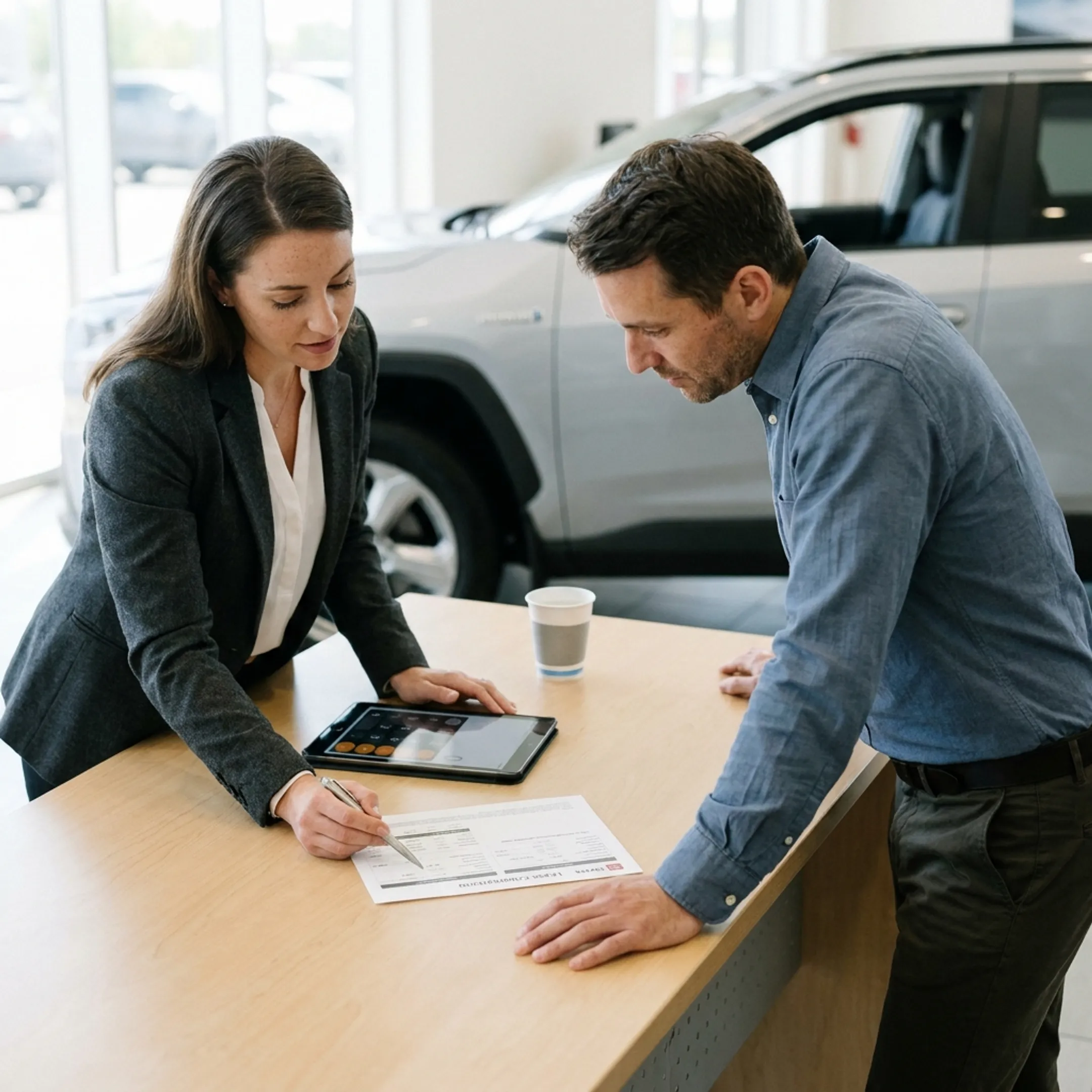 Customer reviewing Toyota lease options with dealership specialist
