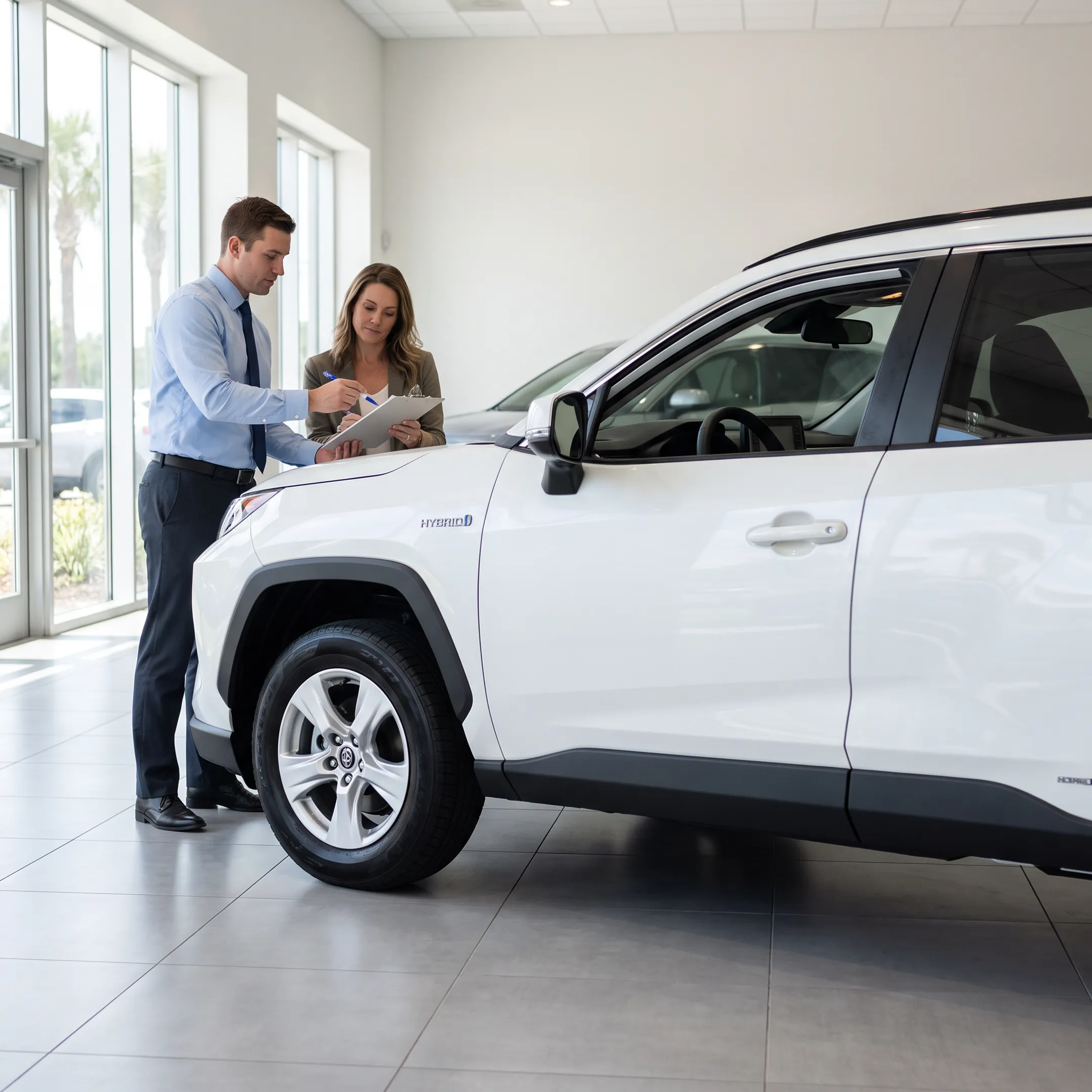 Customer discussing a vehicle trade-in offer with dealership representative