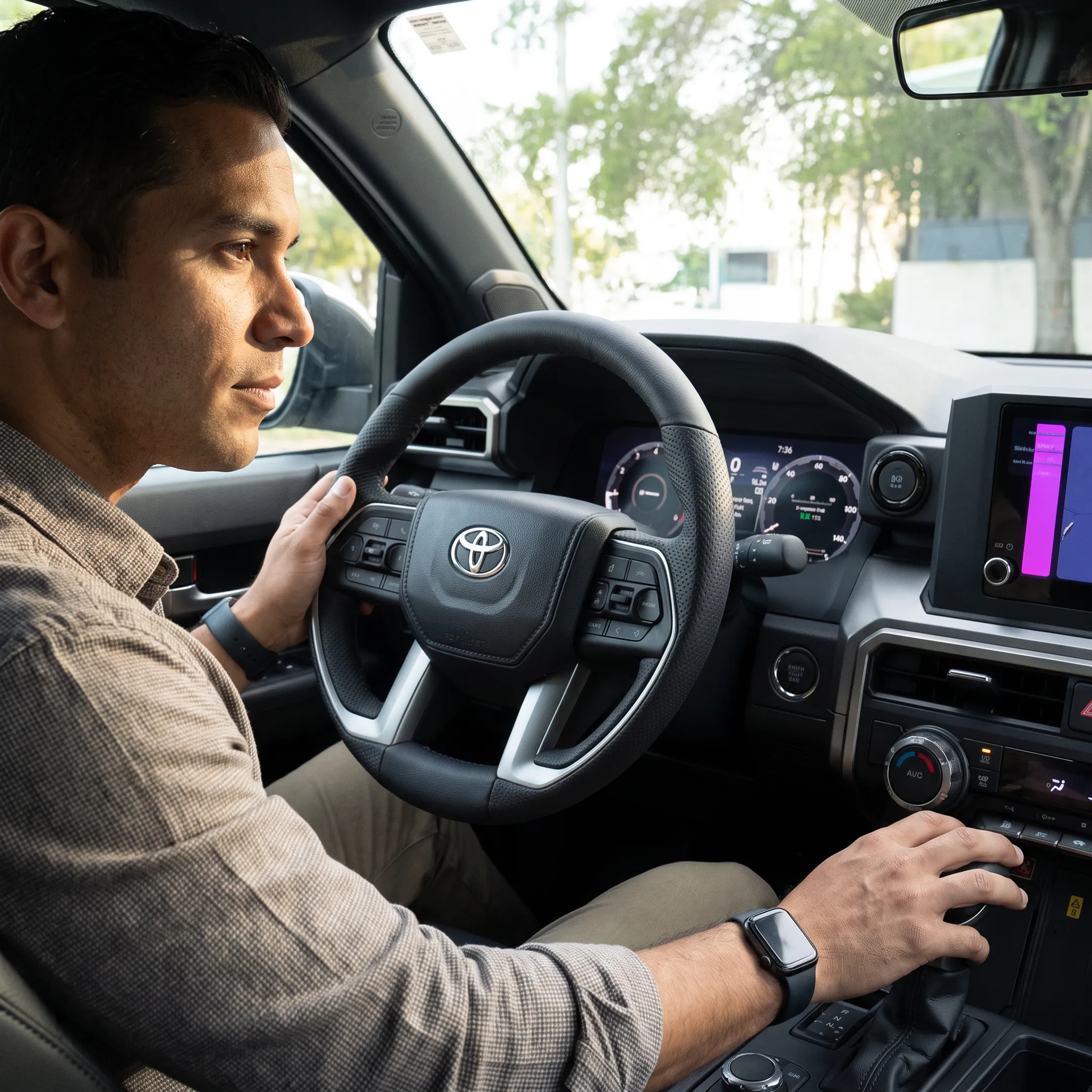 Driver experiencing a Toyota interior during a dealership test drive