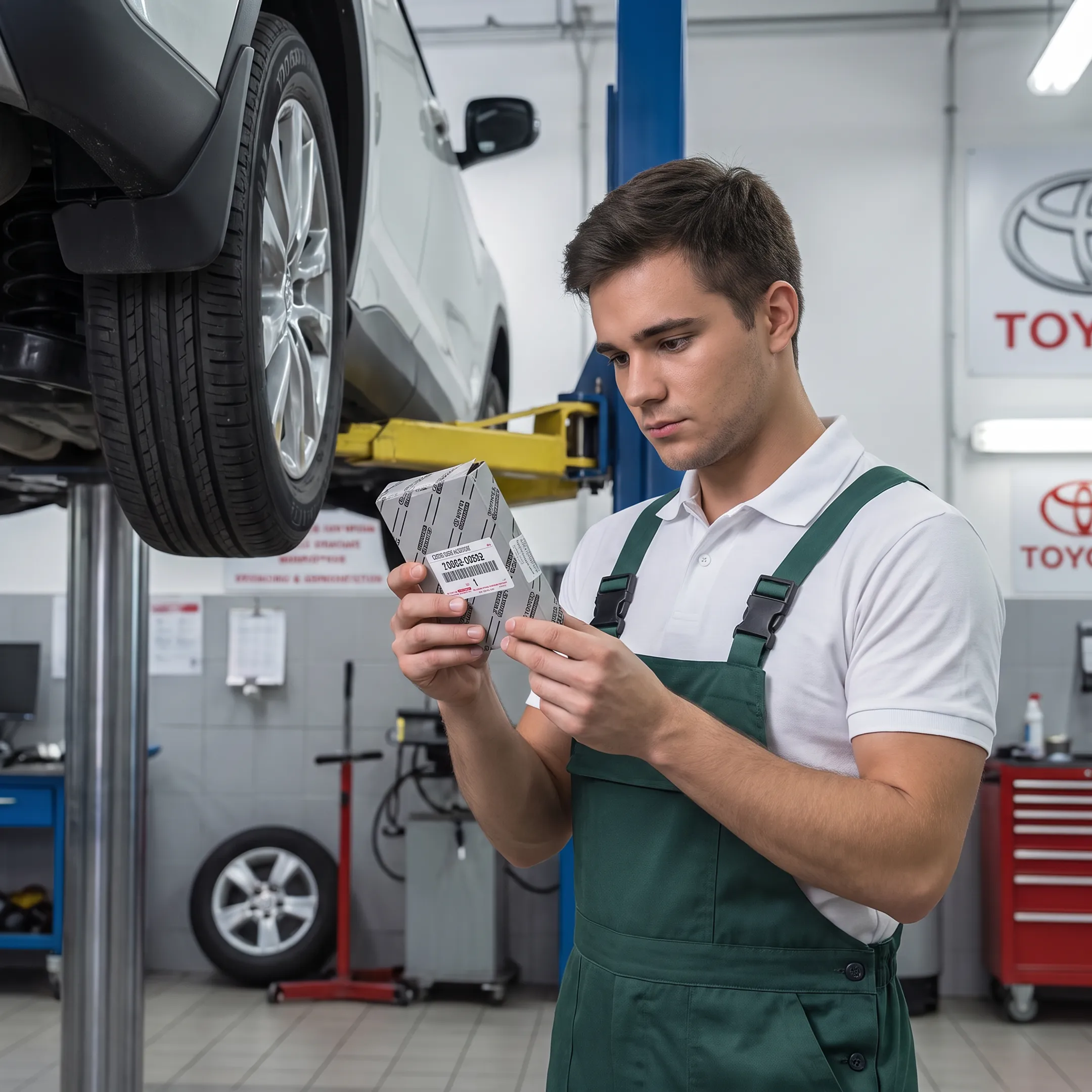 Toyota technician reviewing a genuine OEM part beside a vehicle