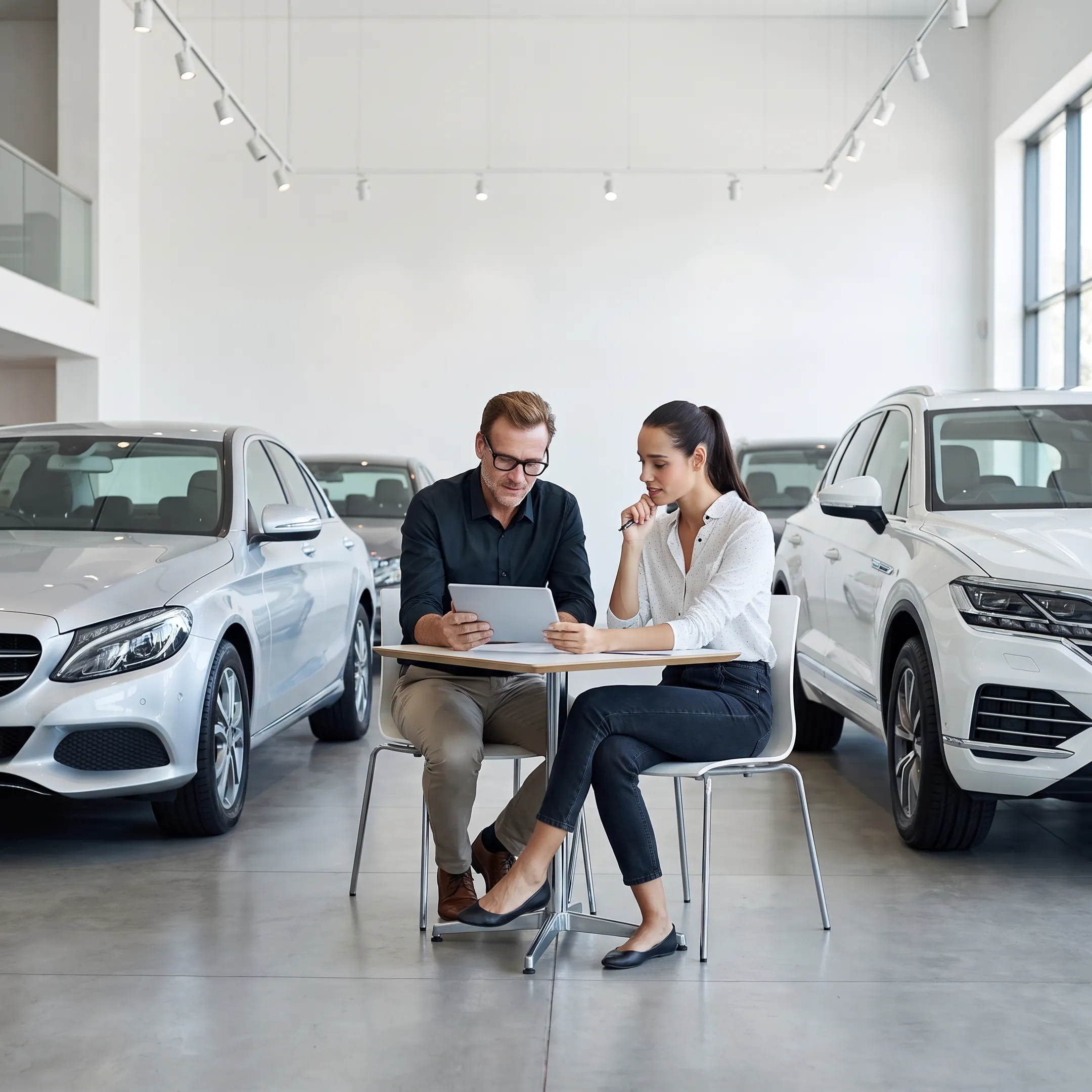 Customer discussing Toyota vehicle upgrade options with dealership advisor
