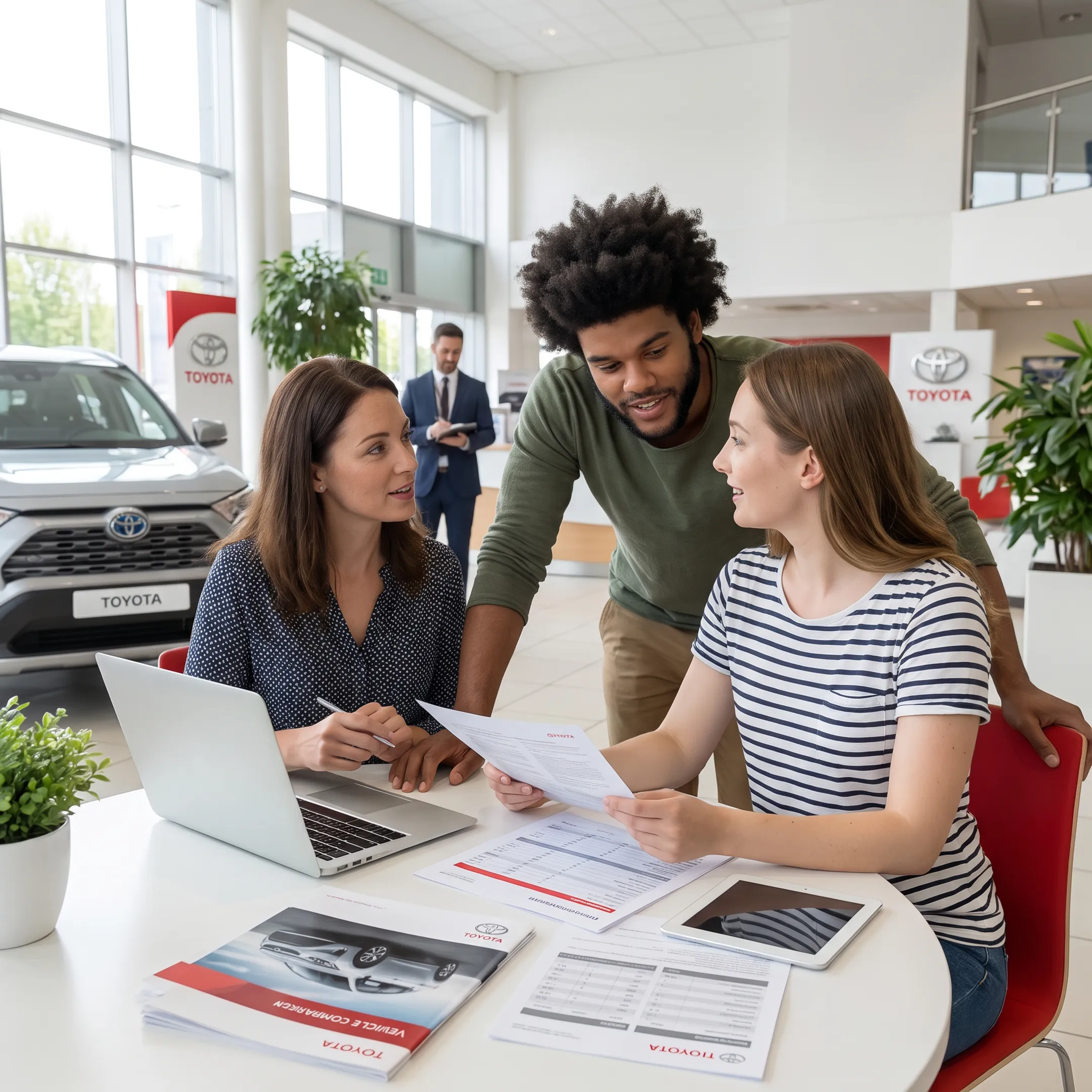 Student comparing Toyota vehicles and financing information at dealership