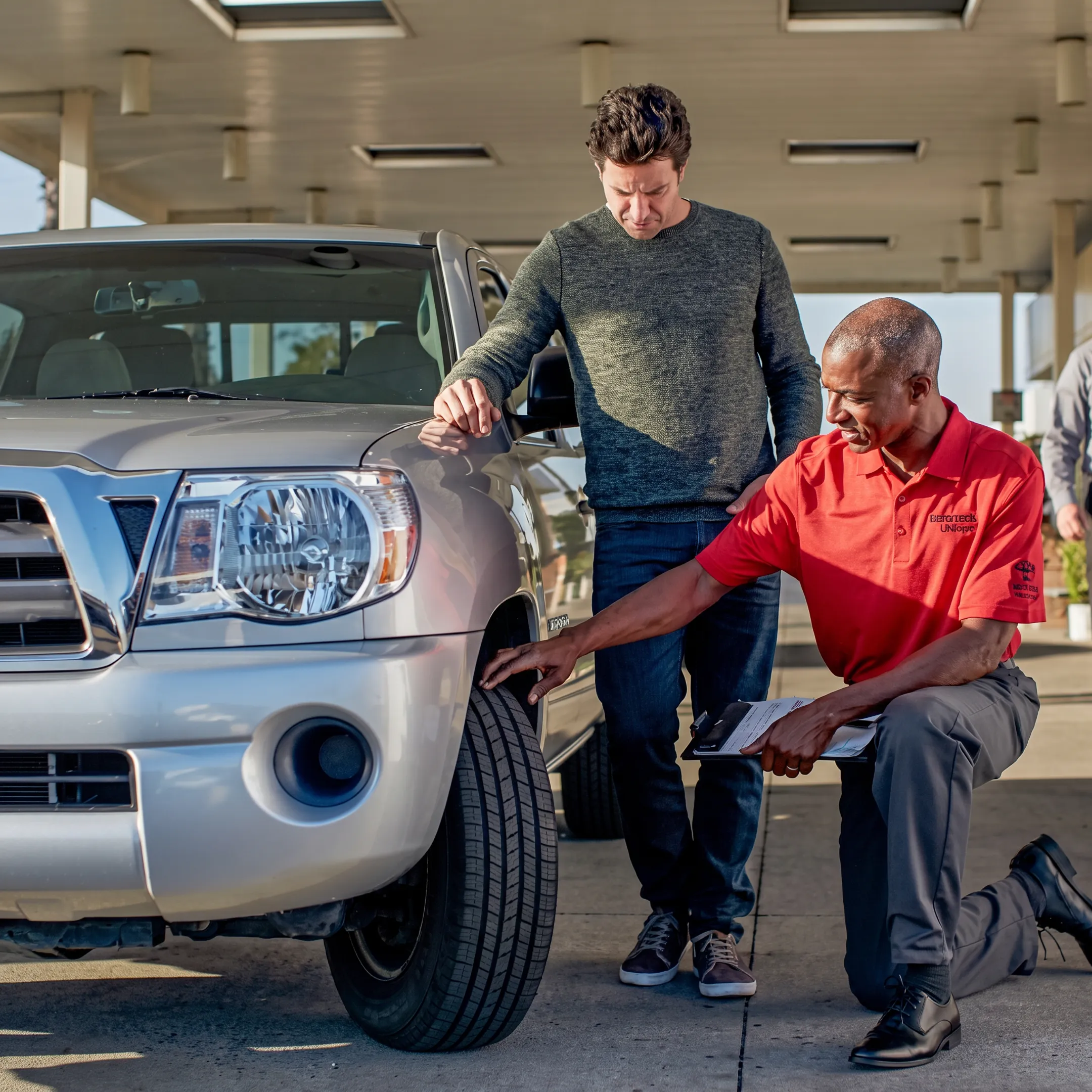 Toyota technician inspecting tire tread and sidewall in a dealership service bay