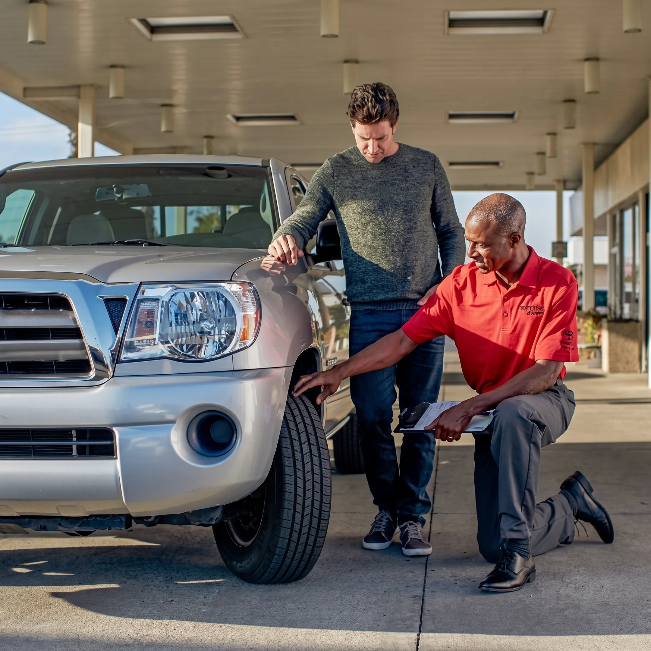 Technician examining vehicle suspension and tire components