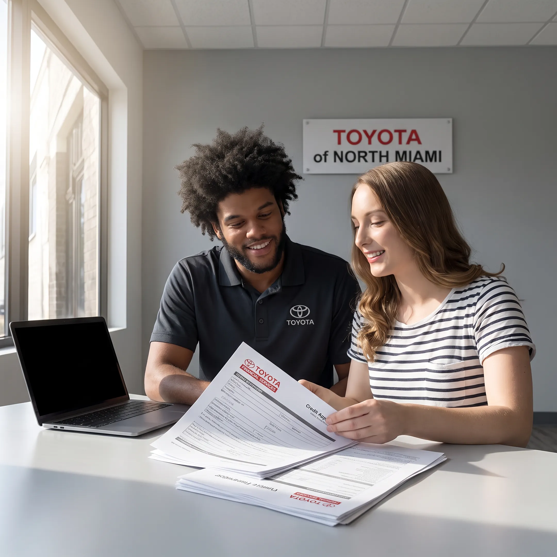 Customer completing Toyota financing application with dealership finance specialist