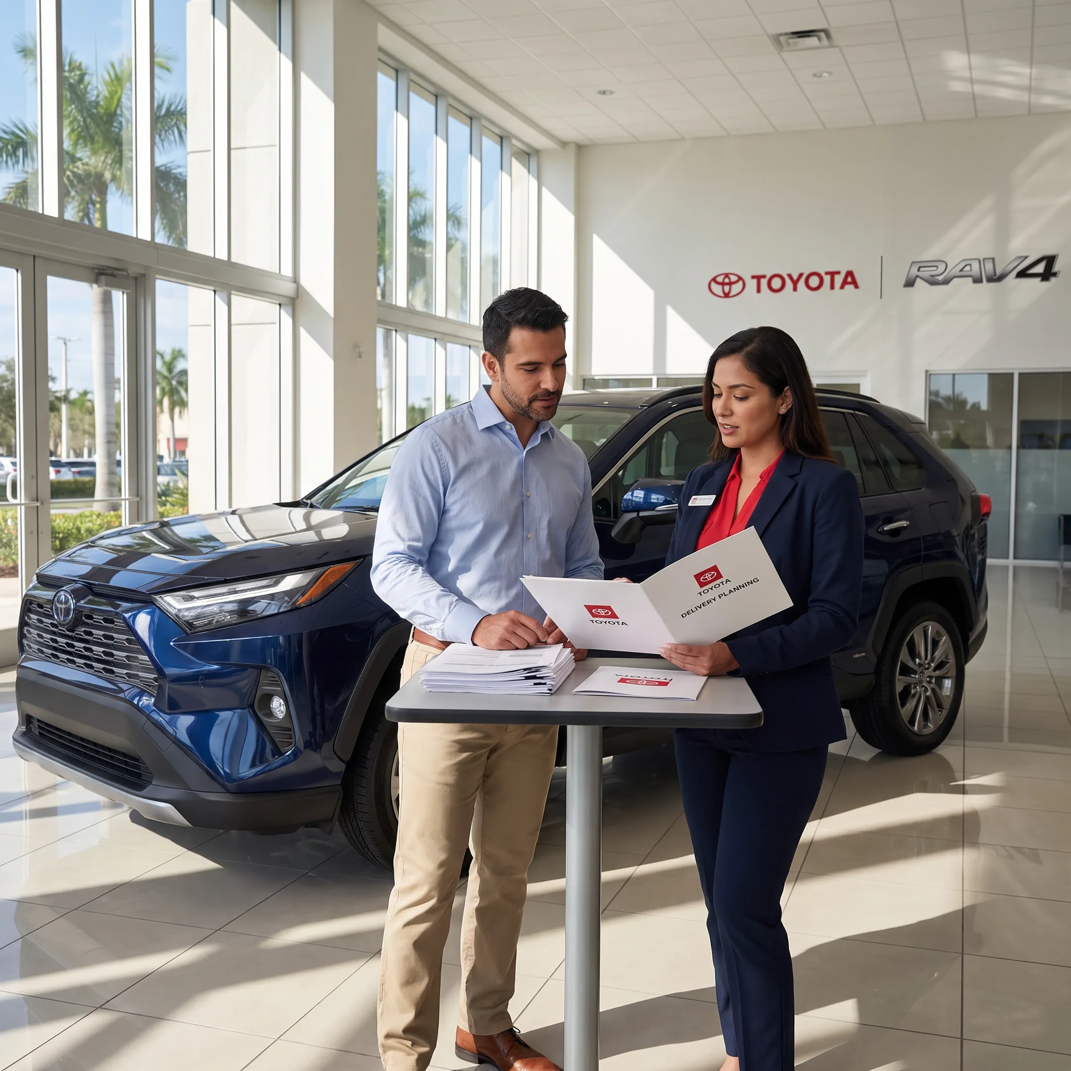Customer reviewing Toyota model and financing options at dealership