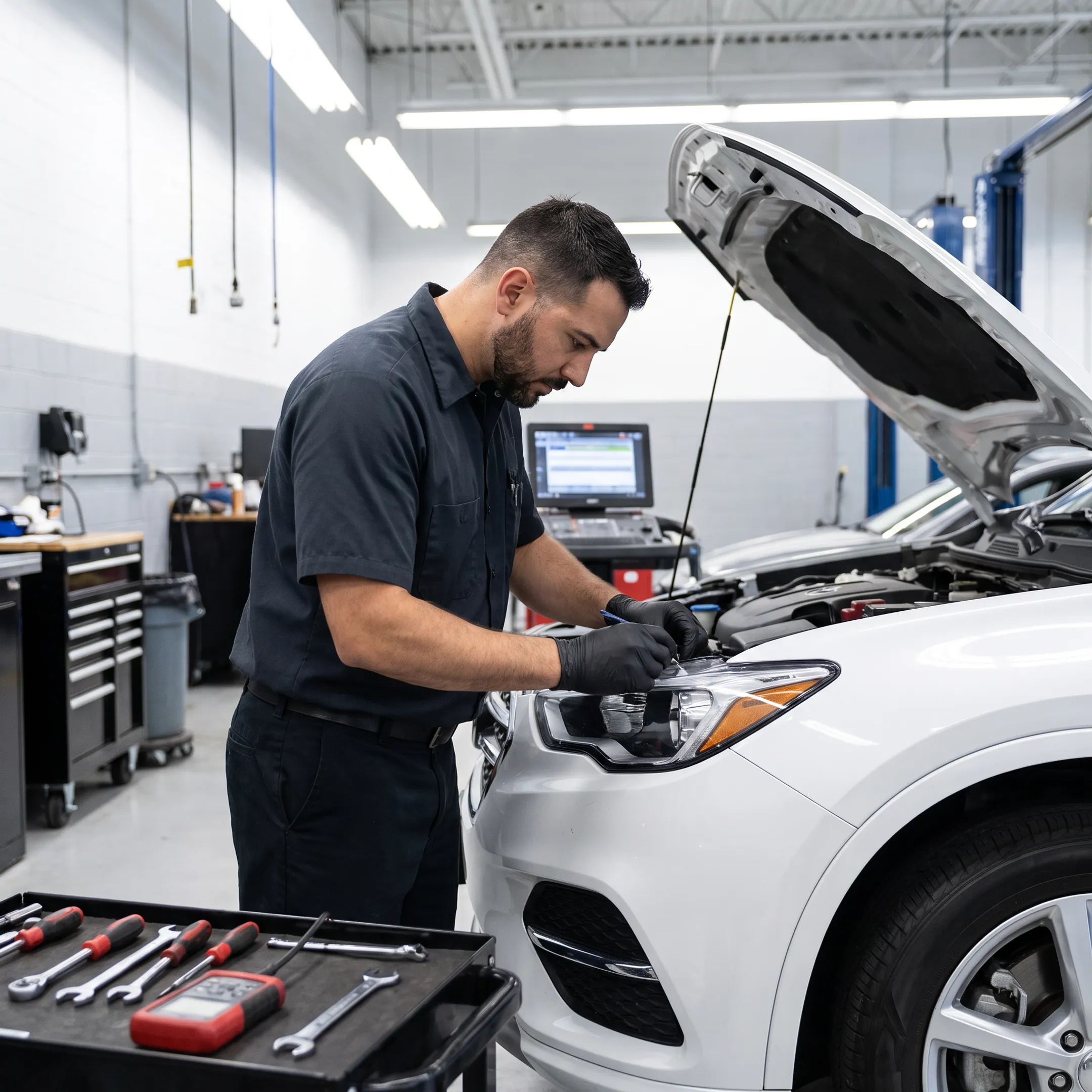Technician inspecting a vehicle headlight at a Miami Toyota service center