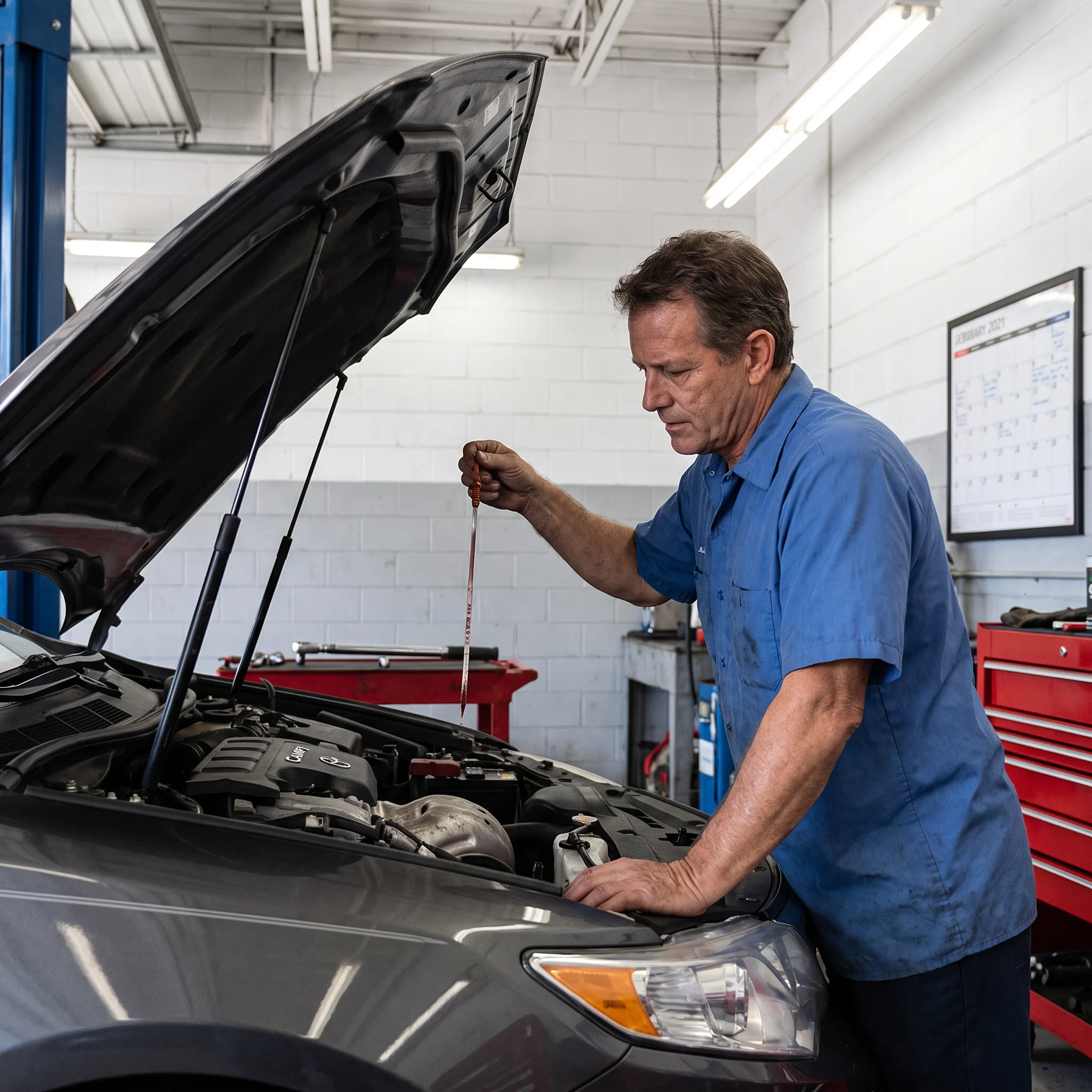 Toyota technician checking transmission fluid during vehicle maintenance