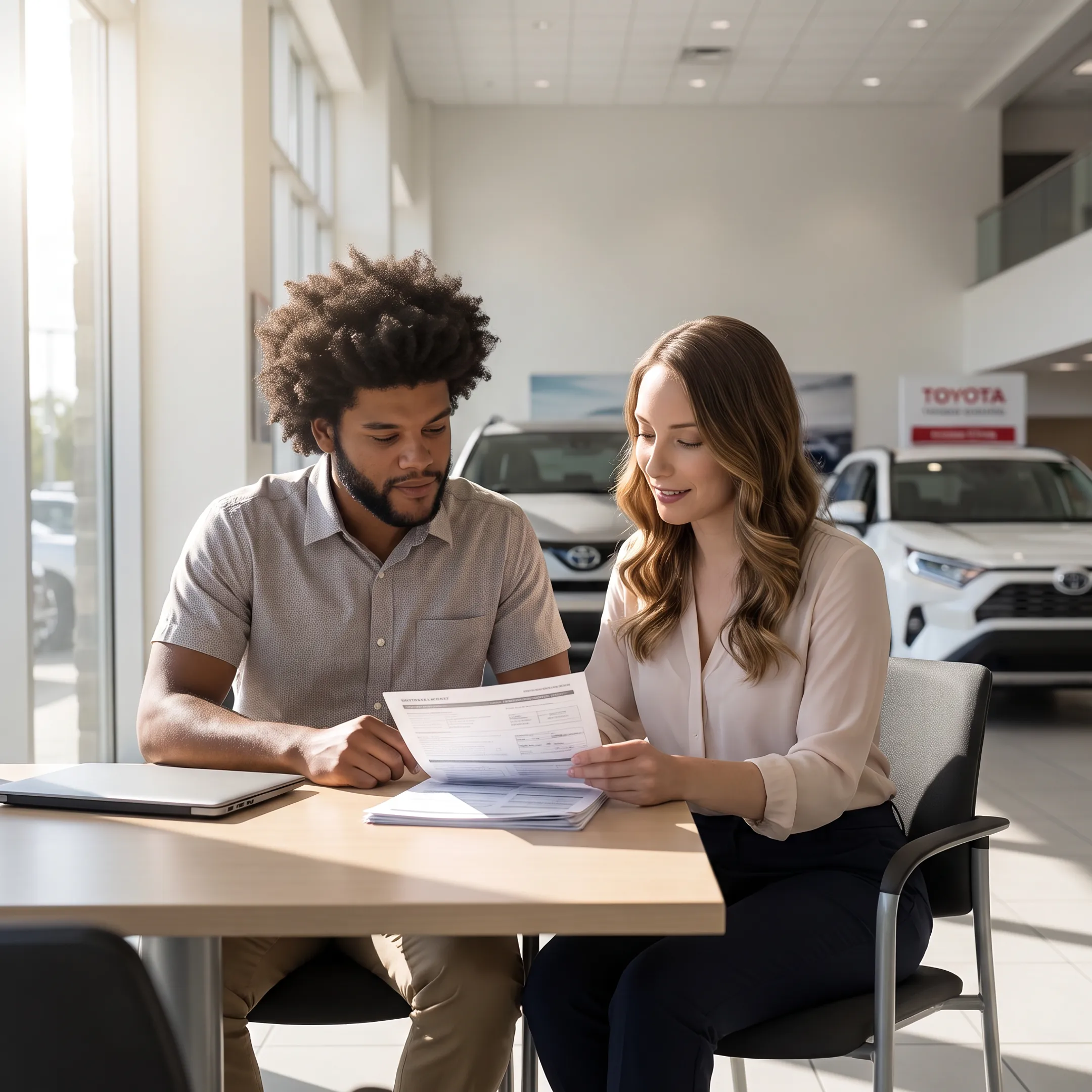 Toyota shopper reviewing vehicle offer details with dealership finance specialist