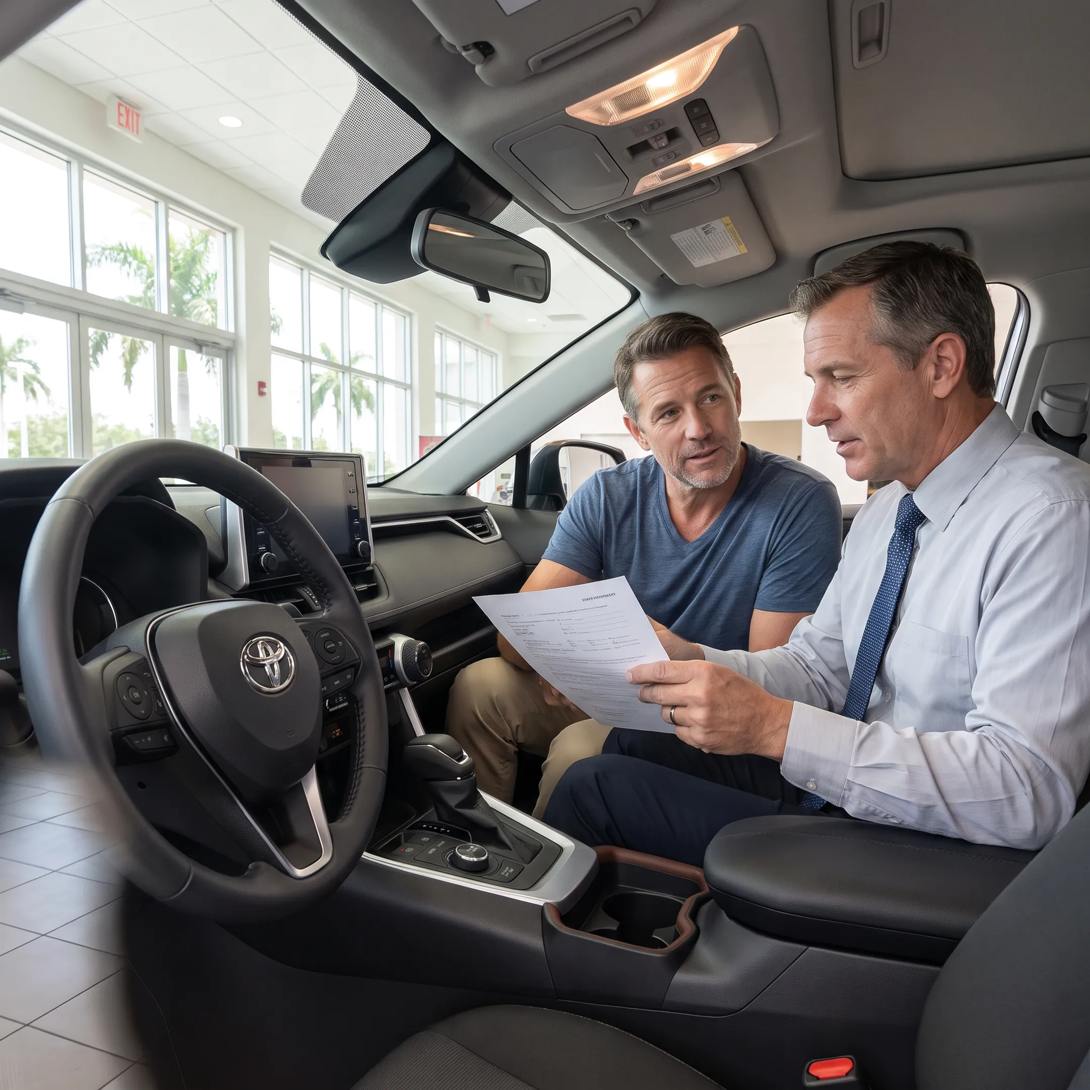Customer reviewing Toyota RAV4 lease options with dealership consultant