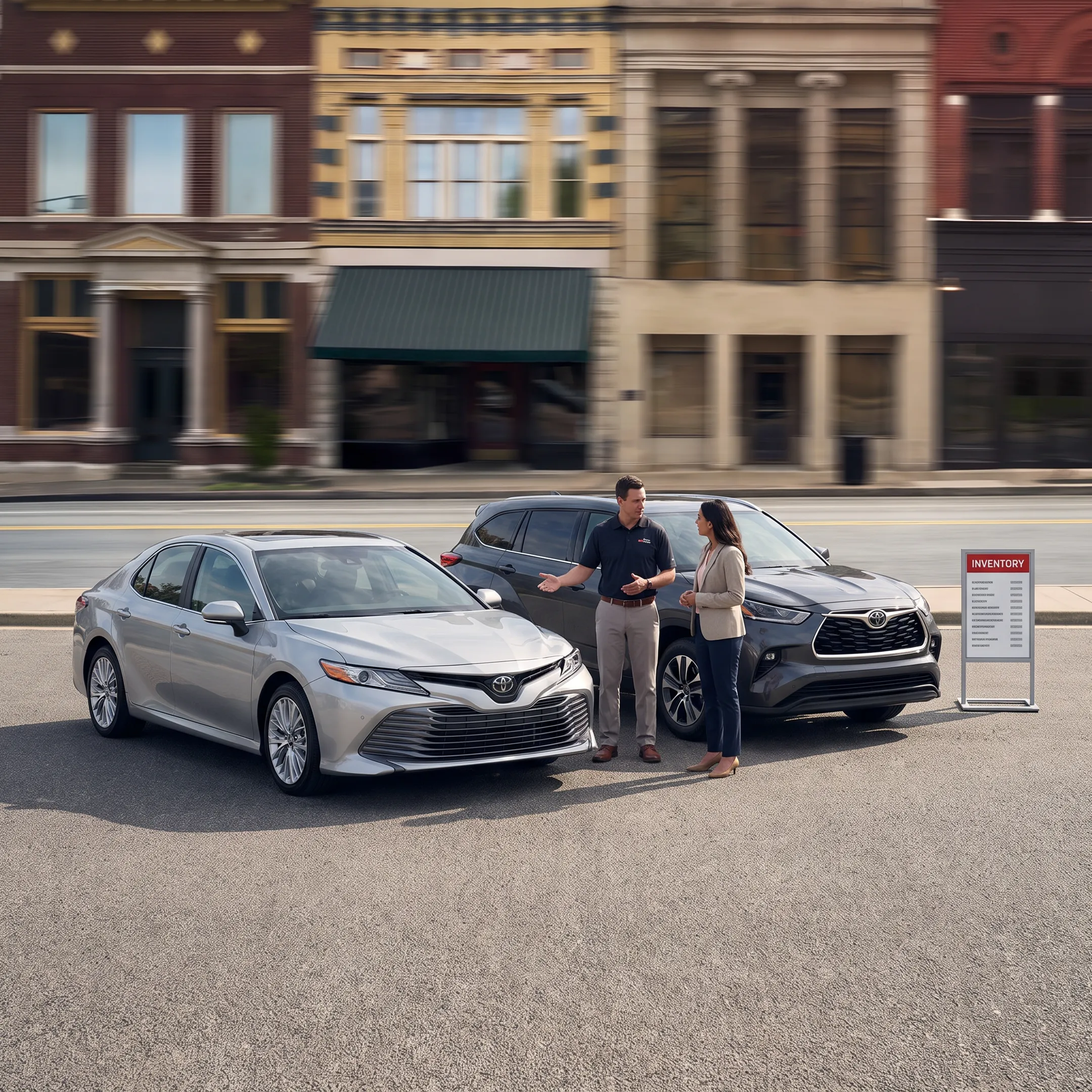 Customer comparing used Toyota vehicles with a dealership consultant