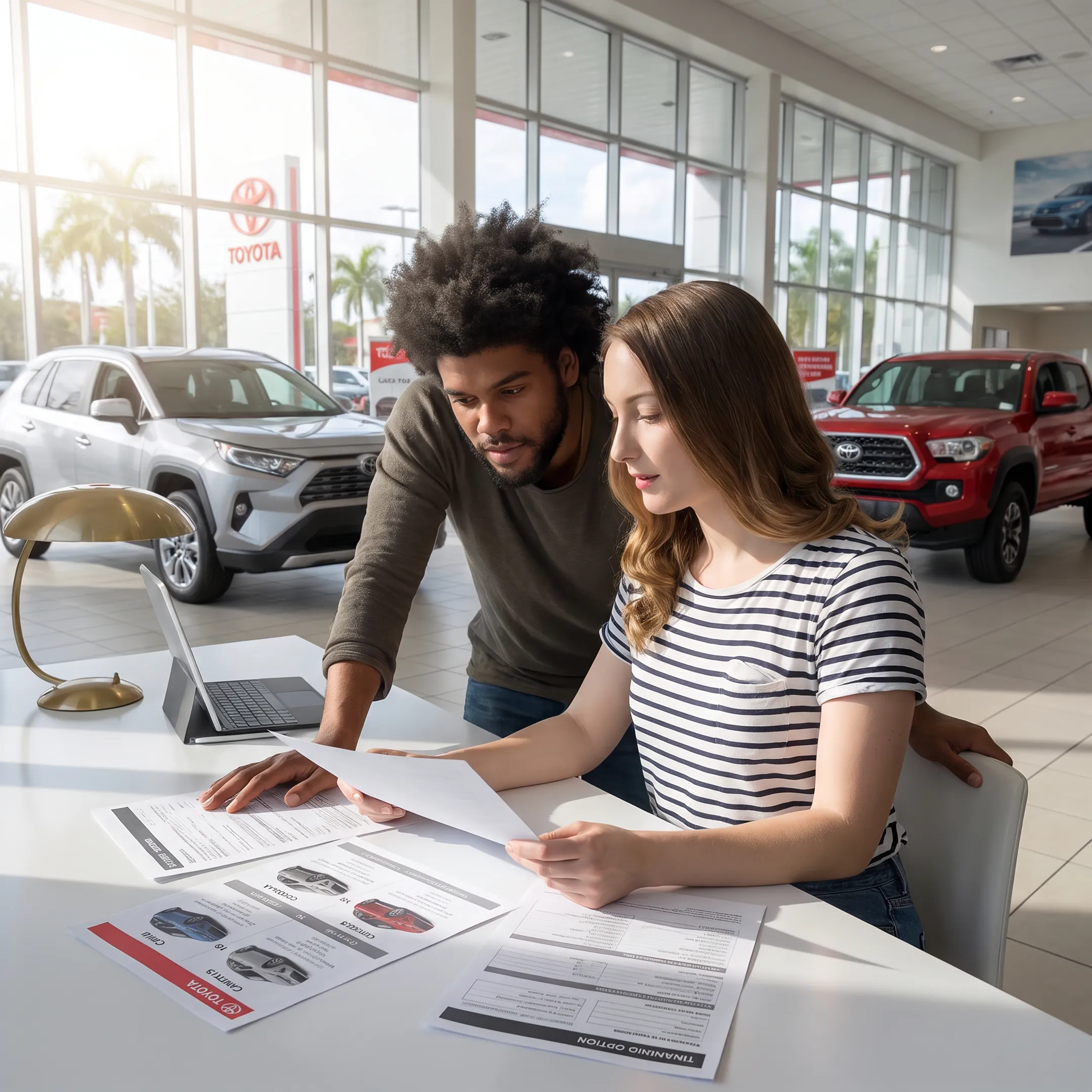Customer comparing Toyota vehicles and financing options with dealership staff