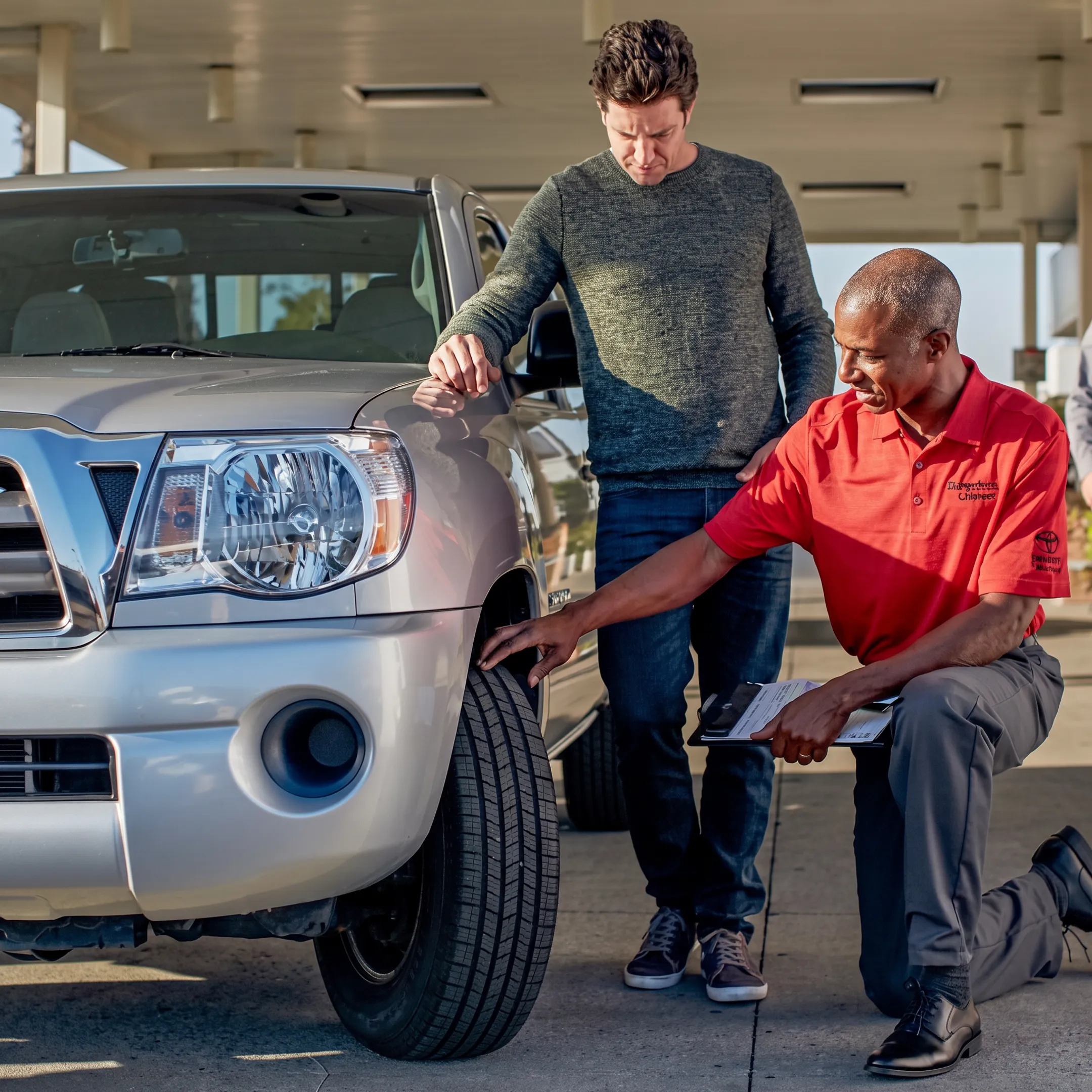 Technician inspecting and rotating Toyota tires in a service department
