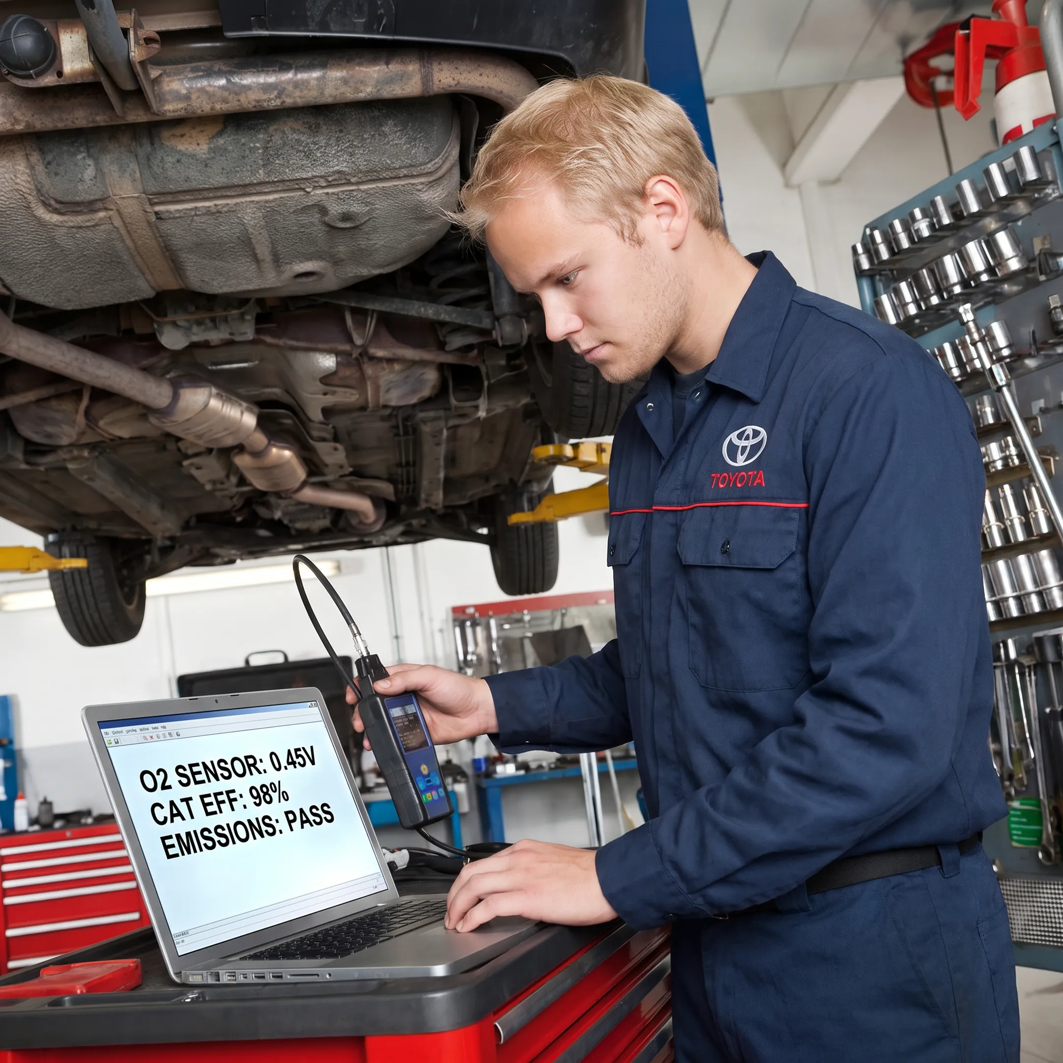 Toyota technician diagnosing an exhaust system