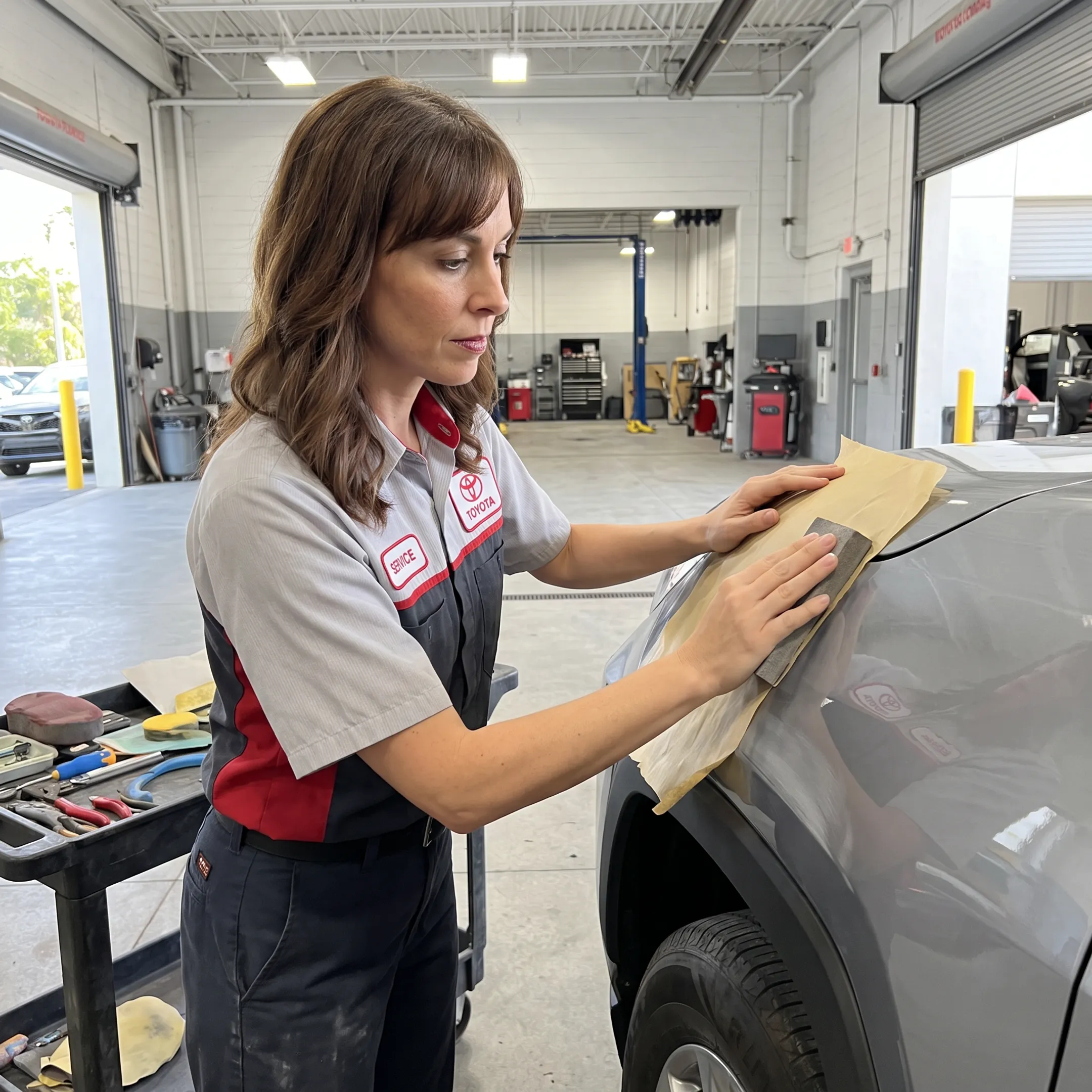 Technician repairing the exterior of a Toyota vehicle after a collision