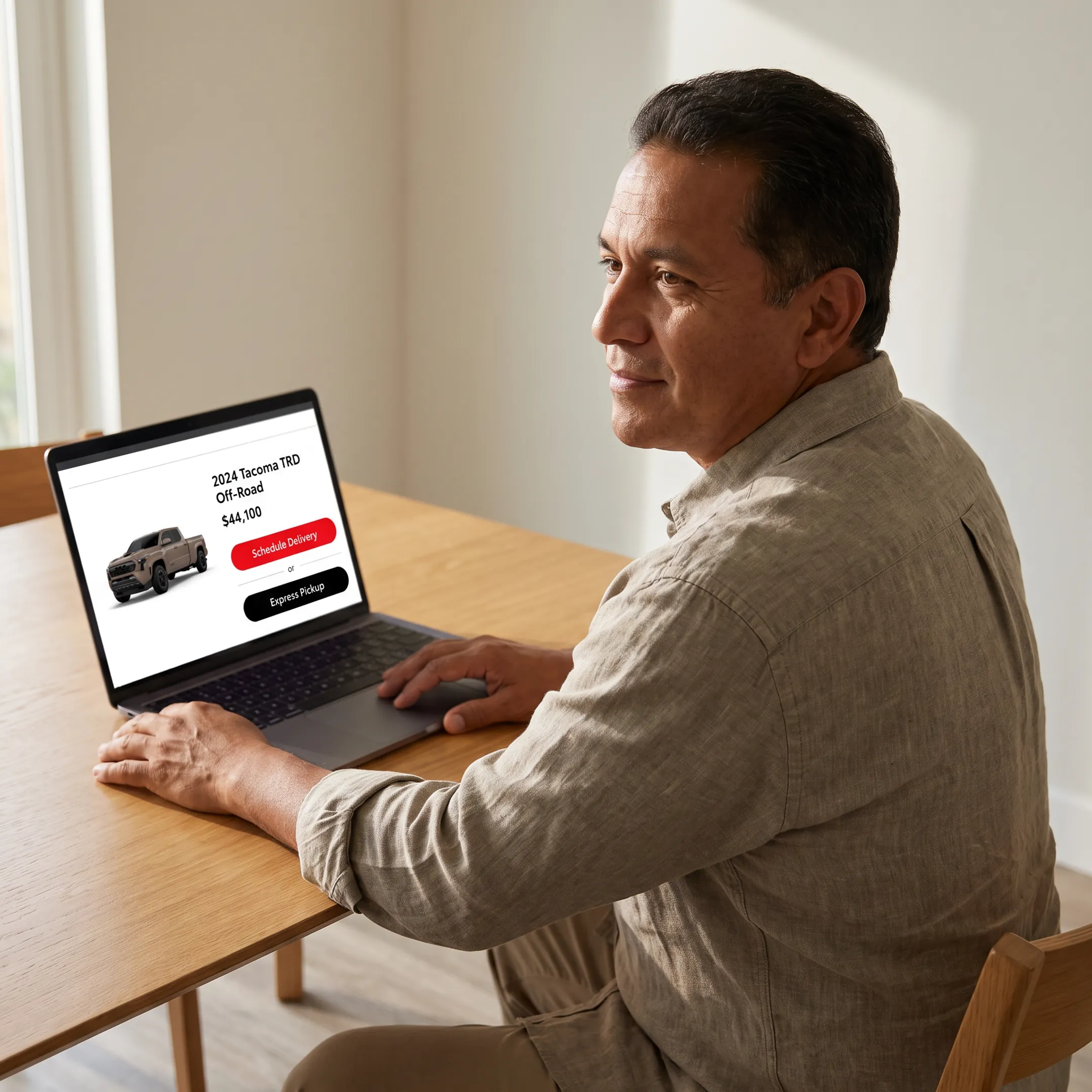 Customer reviewing Toyota purchase details from home