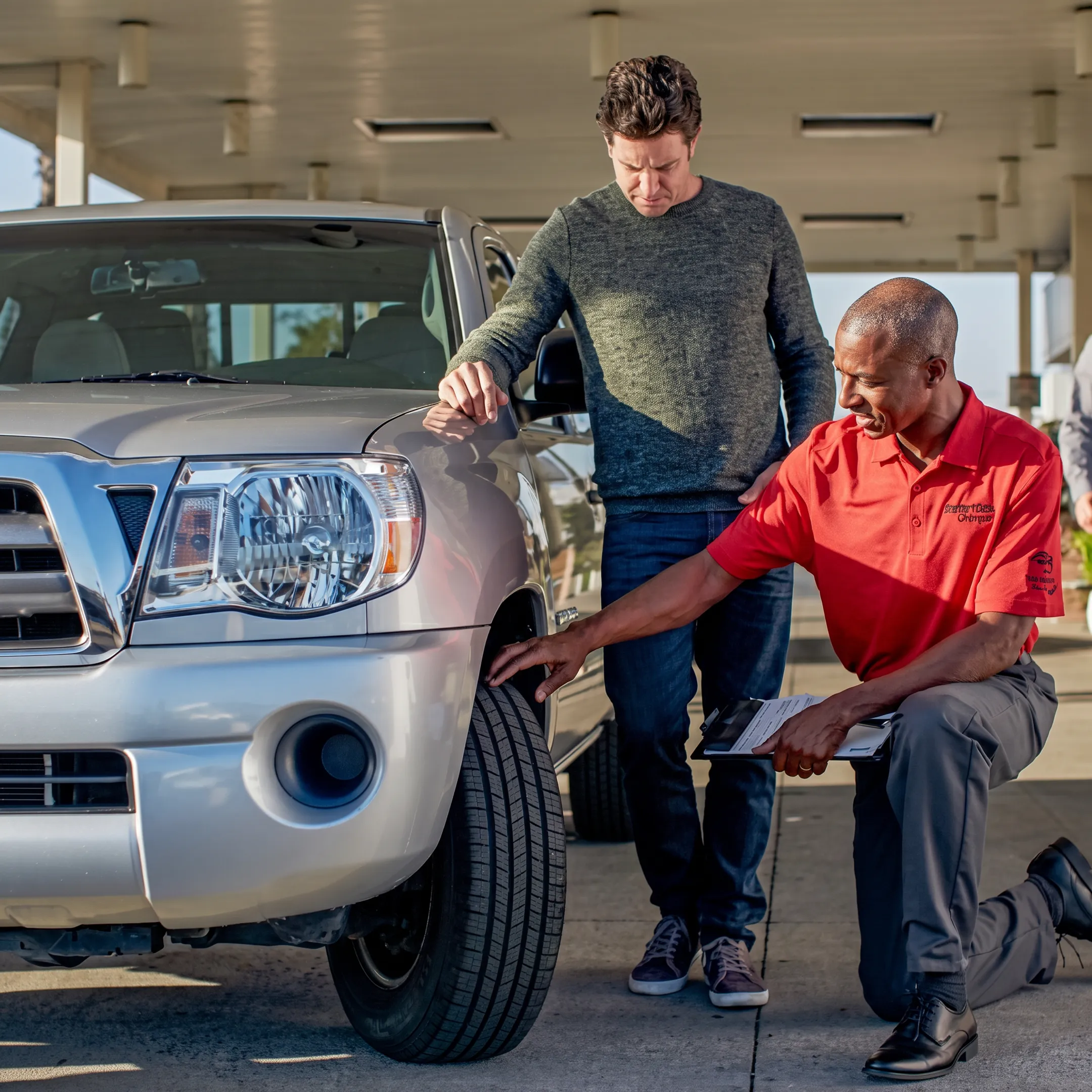 Toyota technician checking tire alignment and tread condition