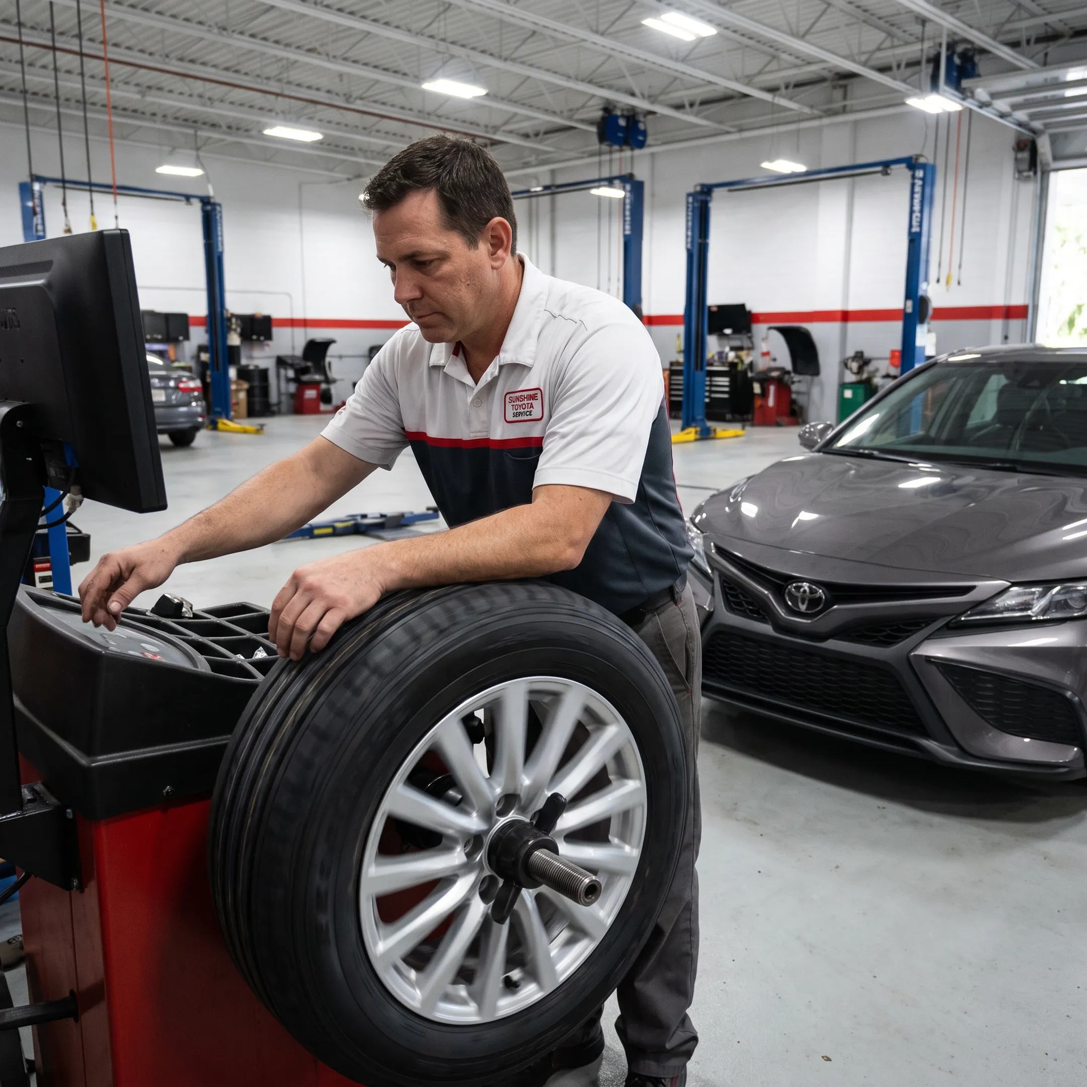 New Toyota tires being mounted and balanced by a technician