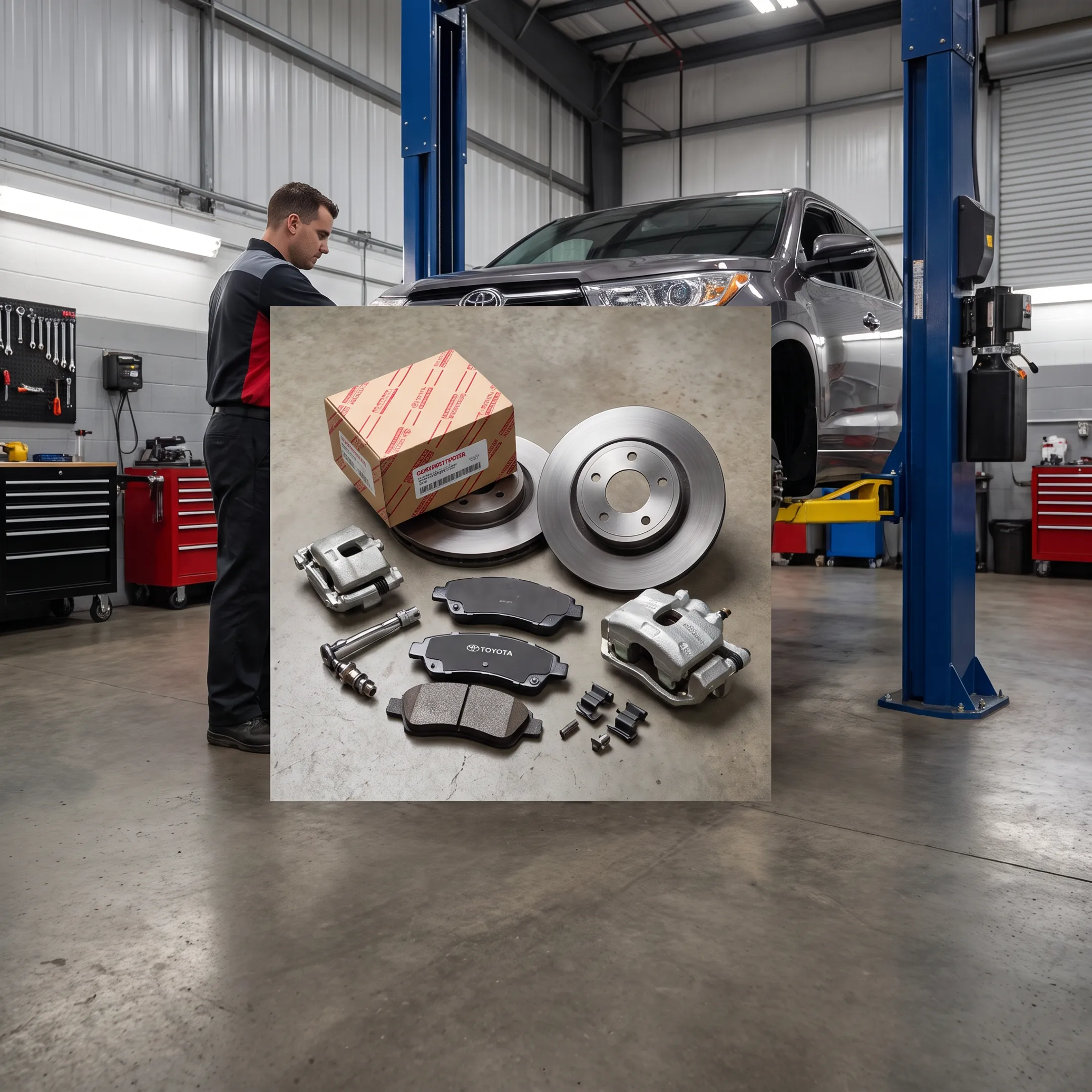 Genuine Toyota brake components prepared for vehicle service